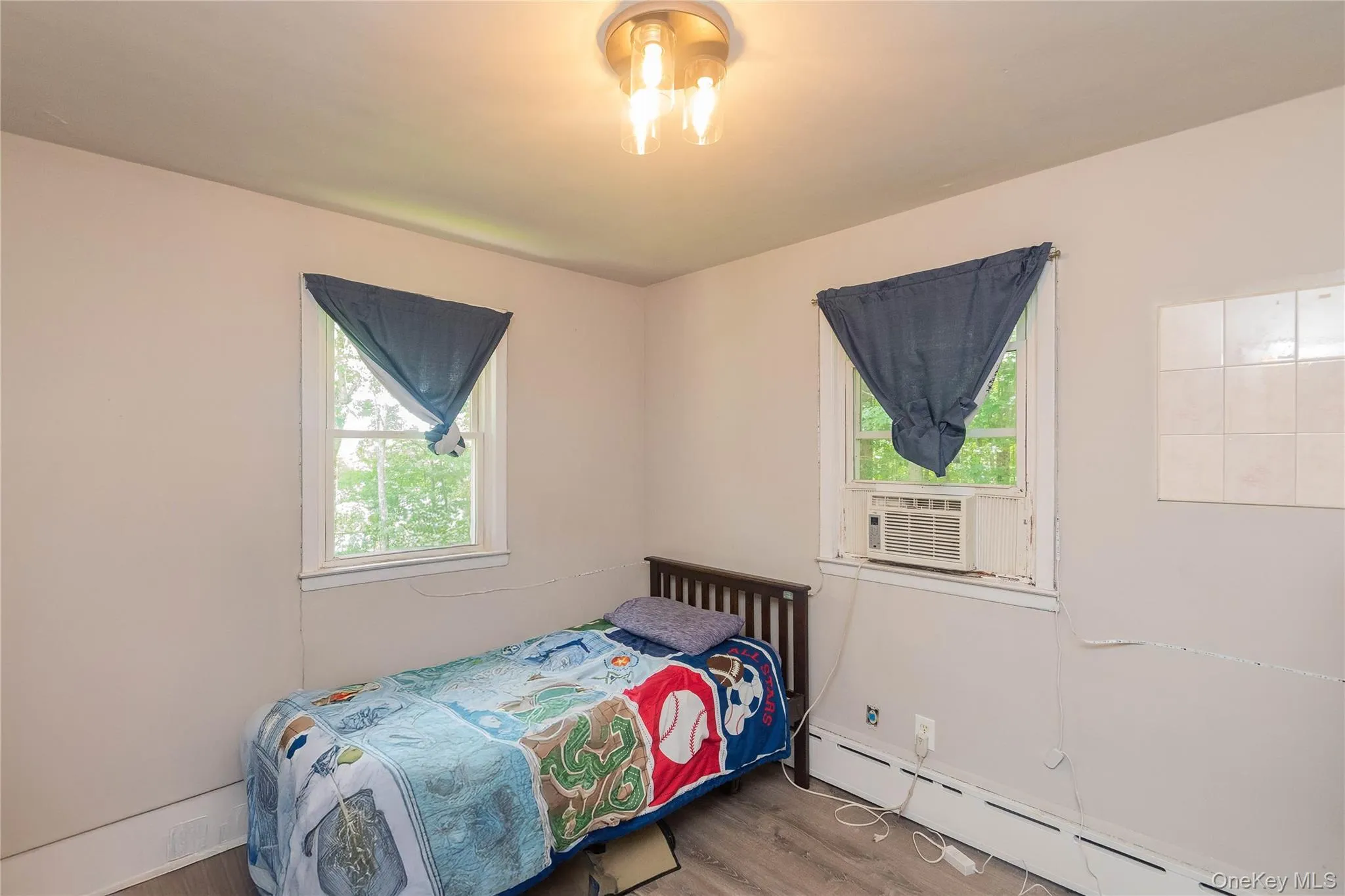 Bedroom featuring wood finished floors and baseboard heating Bedroom featuring wood finished floors and baseboard heating