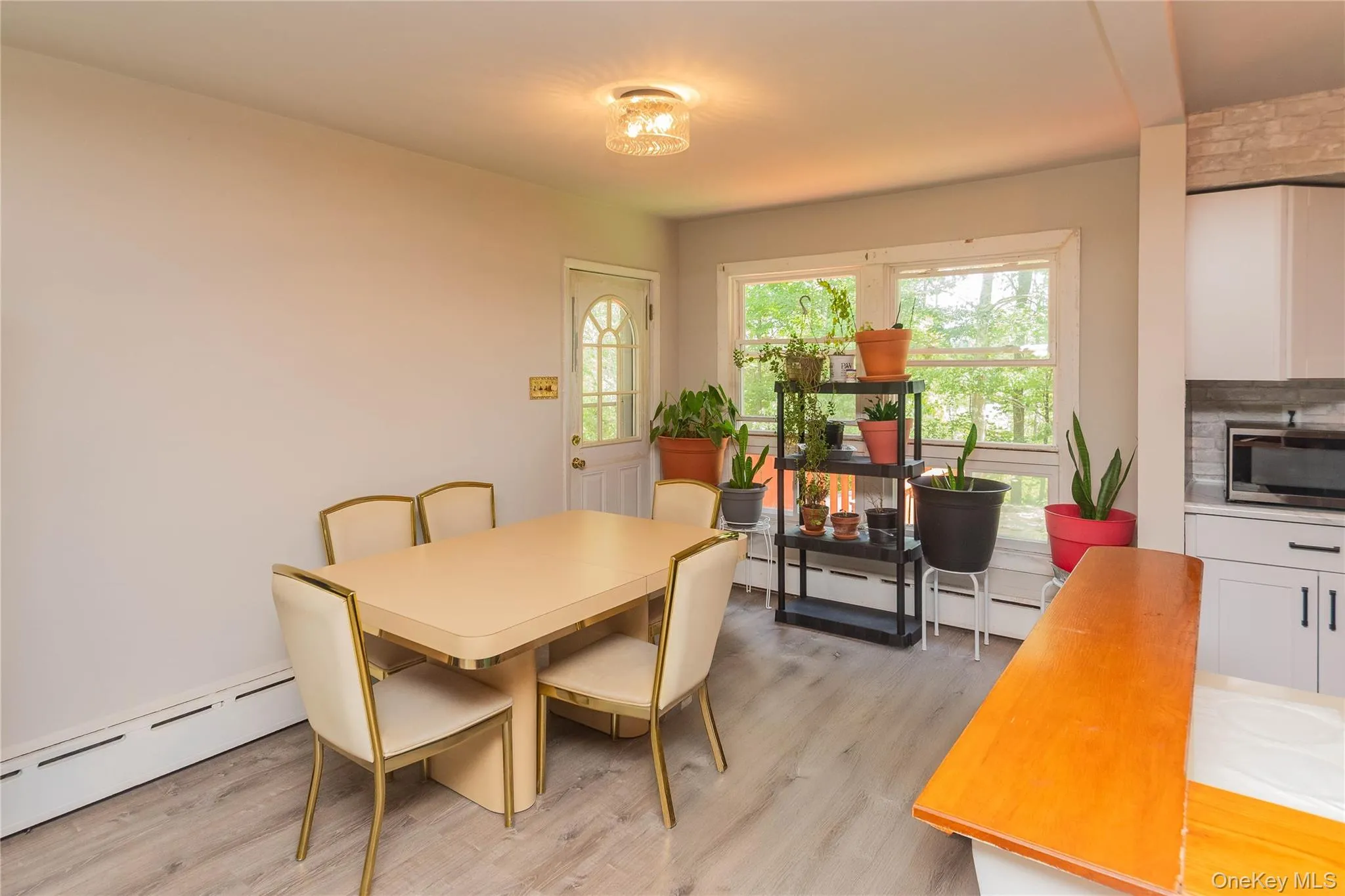 Dining room featuring a baseboard heating unit and light wood-style flooring Dining room featuring a baseboard heating unit and light wood-style flooring