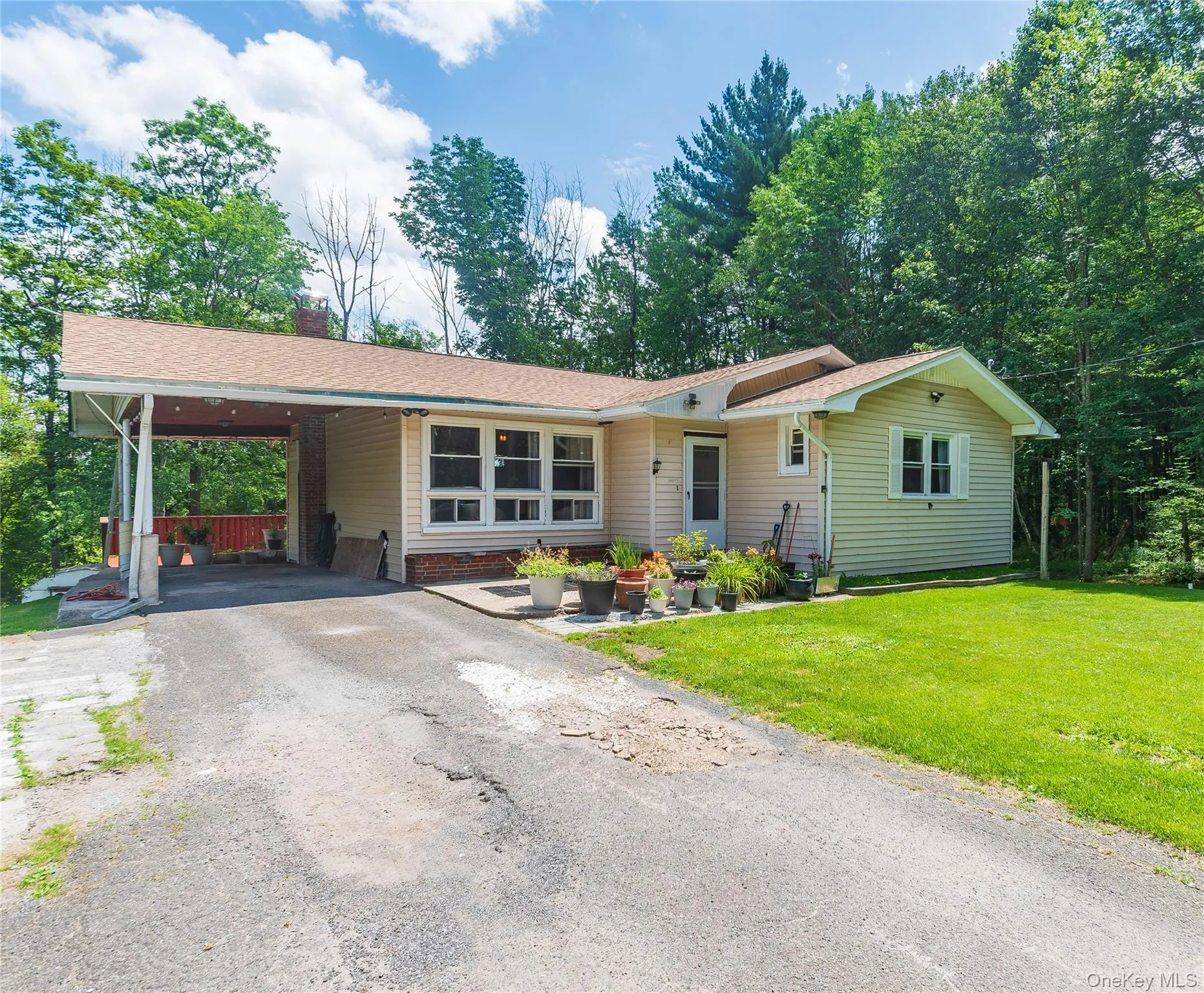Ranch-style house featuring driveway, an attached carport, a front yard, a shingled roof, and a chimney Ranch-style house featuring driveway, an attached carport, a front yard, a shingled roof, and a chimney