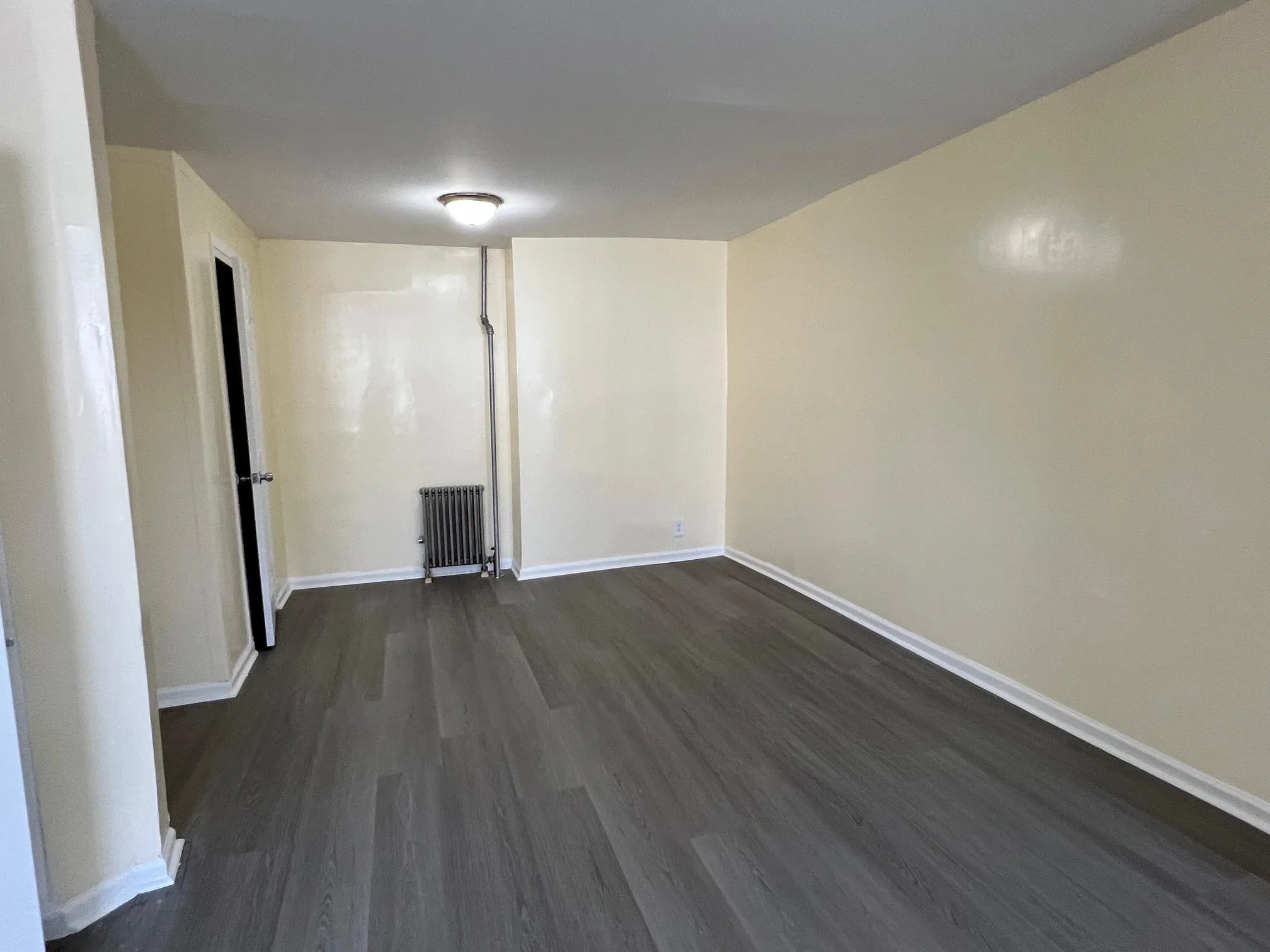 Unfurnished room with radiator and dark wood-type flooring Unfurnished room with radiator and dark wood-type flooring
