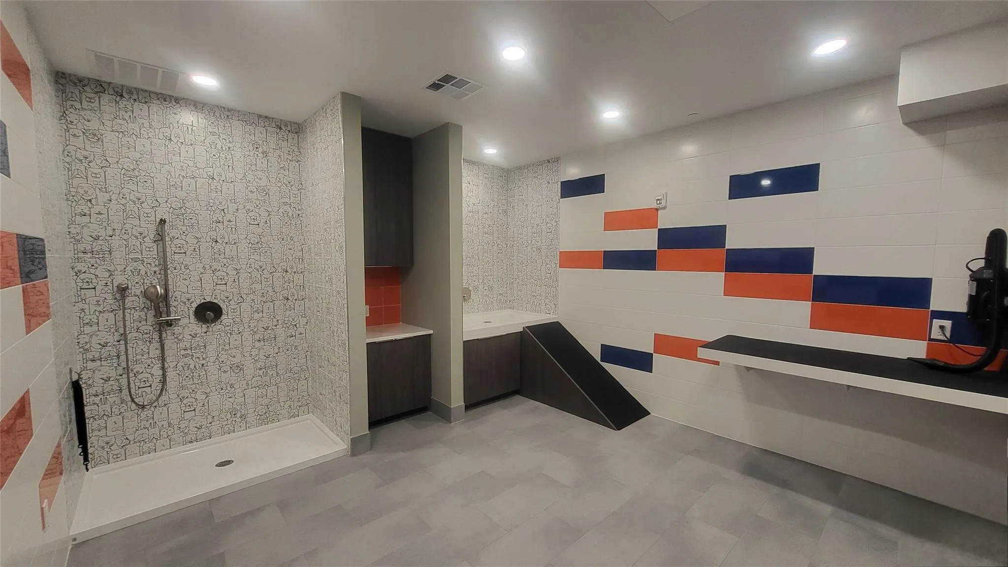 Full bath featuring a walk in shower, a bath, recessed lighting, and tile patterned floors Full bath featuring a walk in shower, a bath, recessed lighting, and tile patterned floors