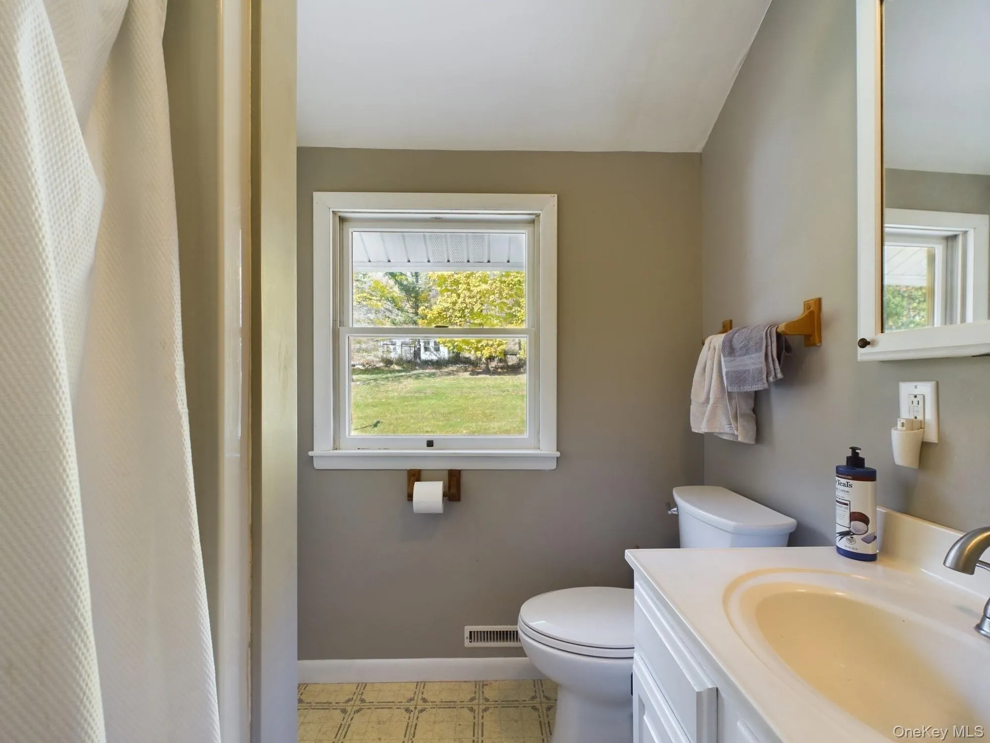 Bathroom featuring vanity and curtained shower Bathroom featuring vanity and curtained shower