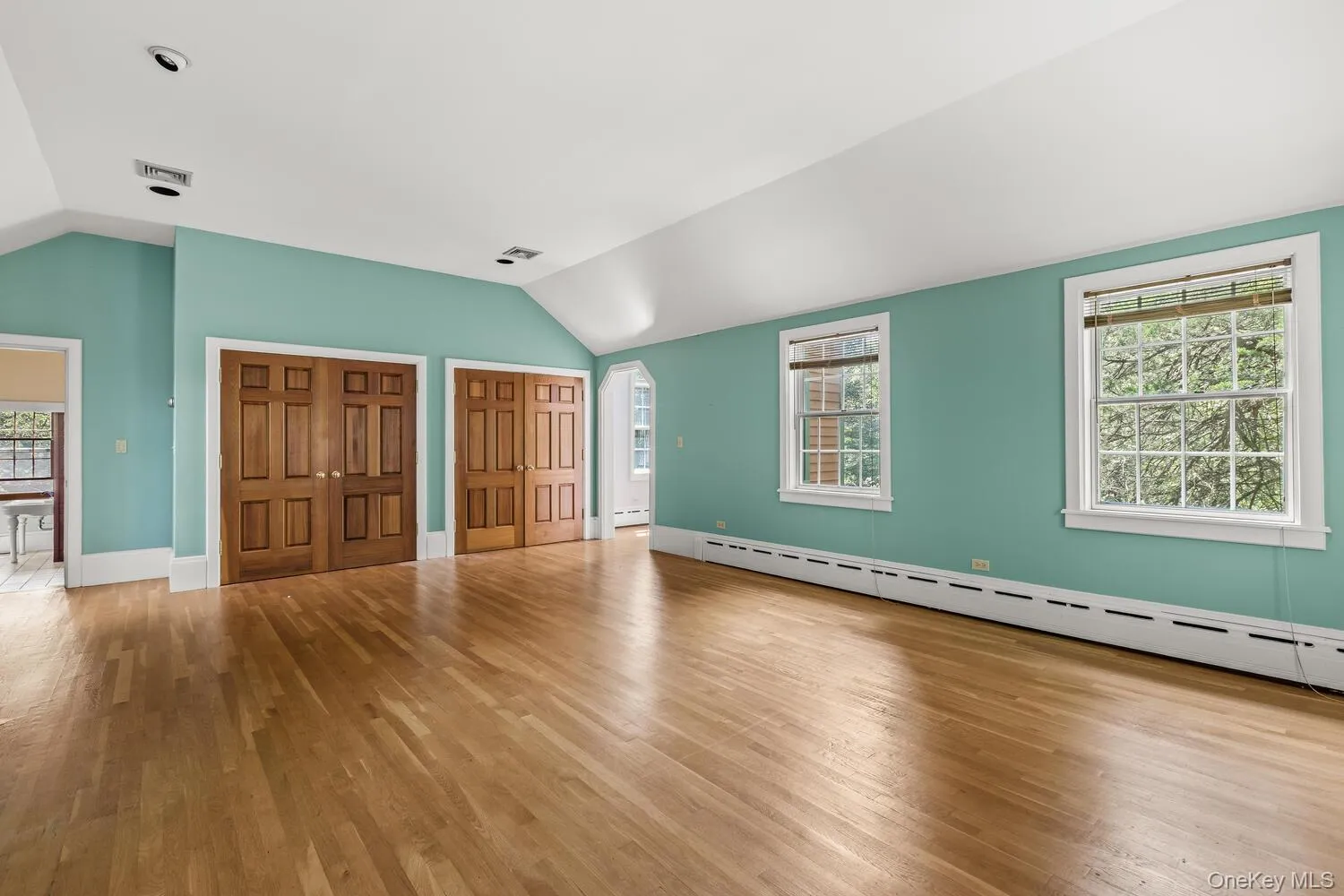 The unfurnished room featuring vaulted ceiling, ample closet space and a fireplace that is not in the view The unfurnished room featuring vaulted ceiling, ample closet space and a fireplace that is not in the view