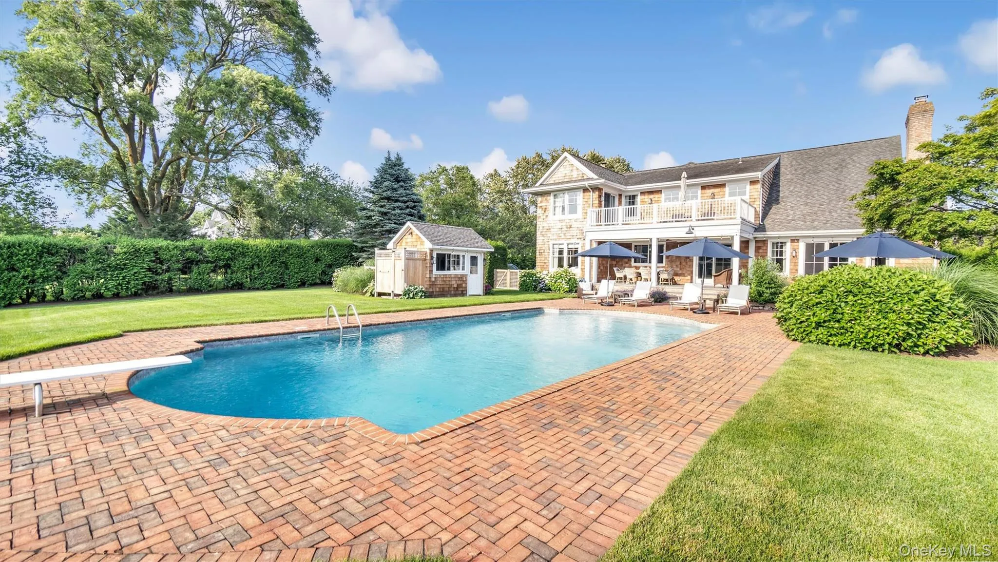 View of swimming pool featuring a patio area, a diving board, and a storage shed View of swimming pool featuring a patio area, a diving board, and a storage shed