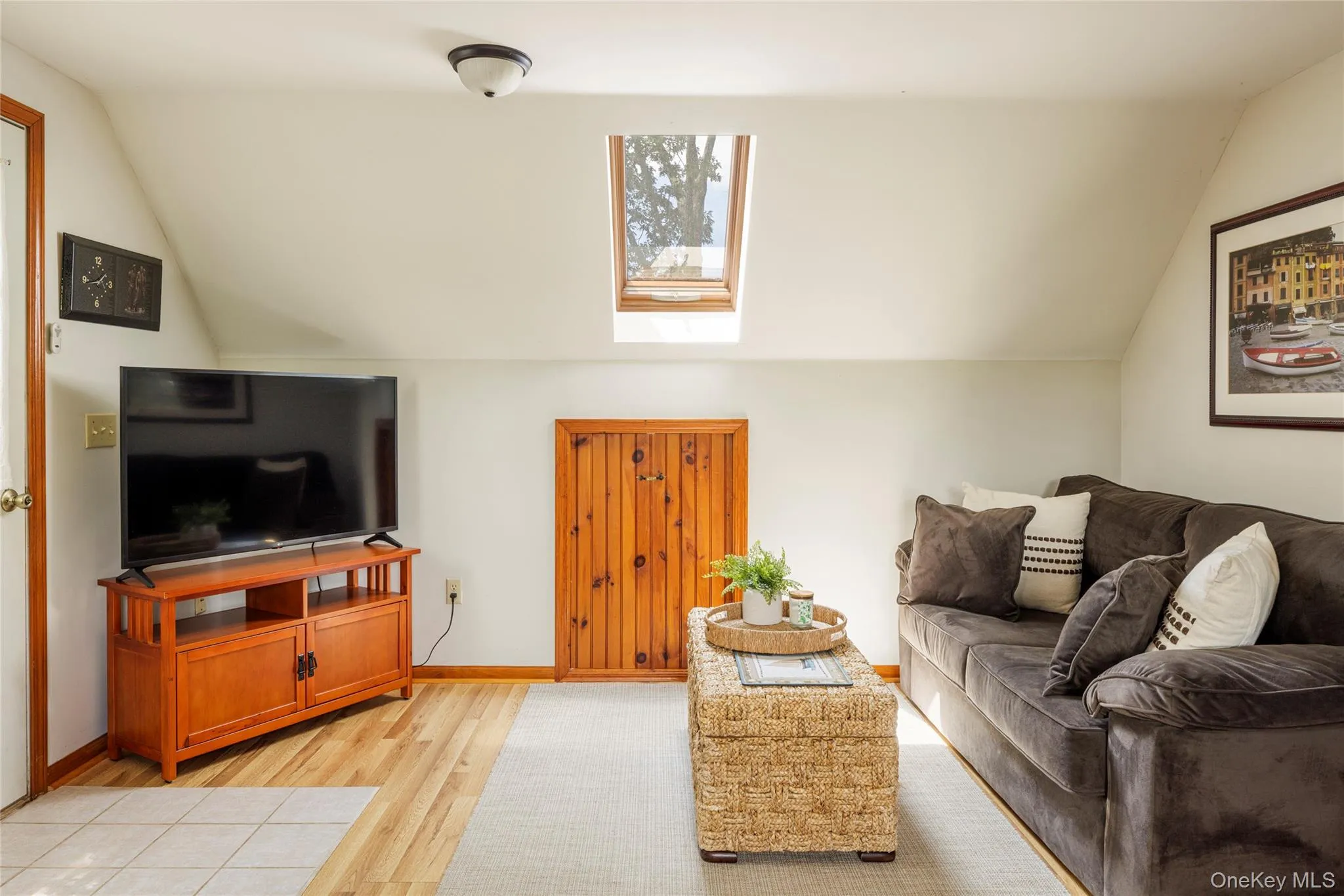 Living area with a skylight, lofted ceiling, and light wood-type flooring Living area with a skylight, lofted ceiling, and light wood-type flooring