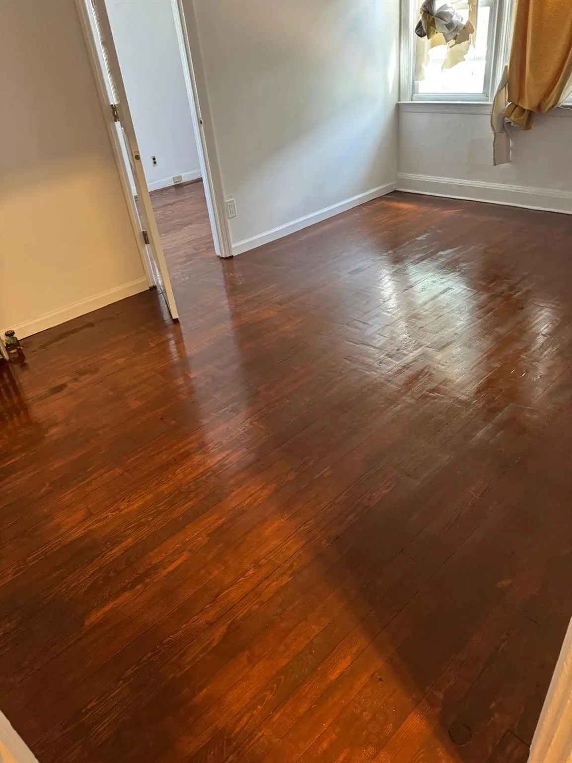 Unfurnished room with baseboards and dark wood finished floors Unfurnished room with baseboards and dark wood finished floors