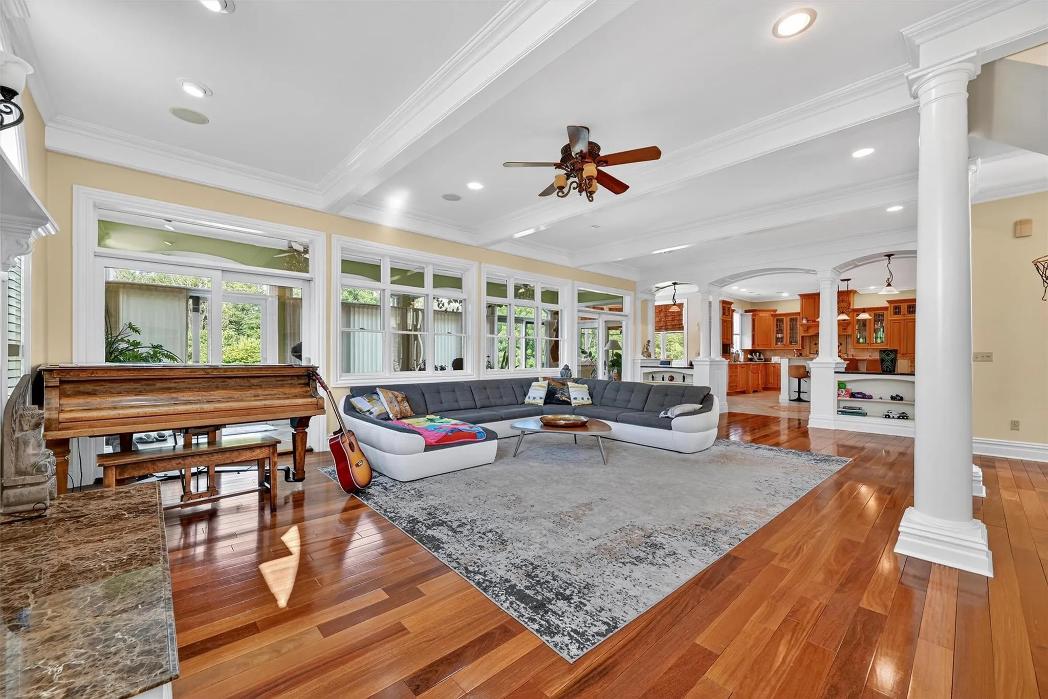 Living room with ornate columns, ceiling fan, plenty of natural light, hardwood / wood-style floors, and crown molding Living room with ornate columns, ceiling fan, plenty of natural light, hardwood / wood-style floors, and crown molding