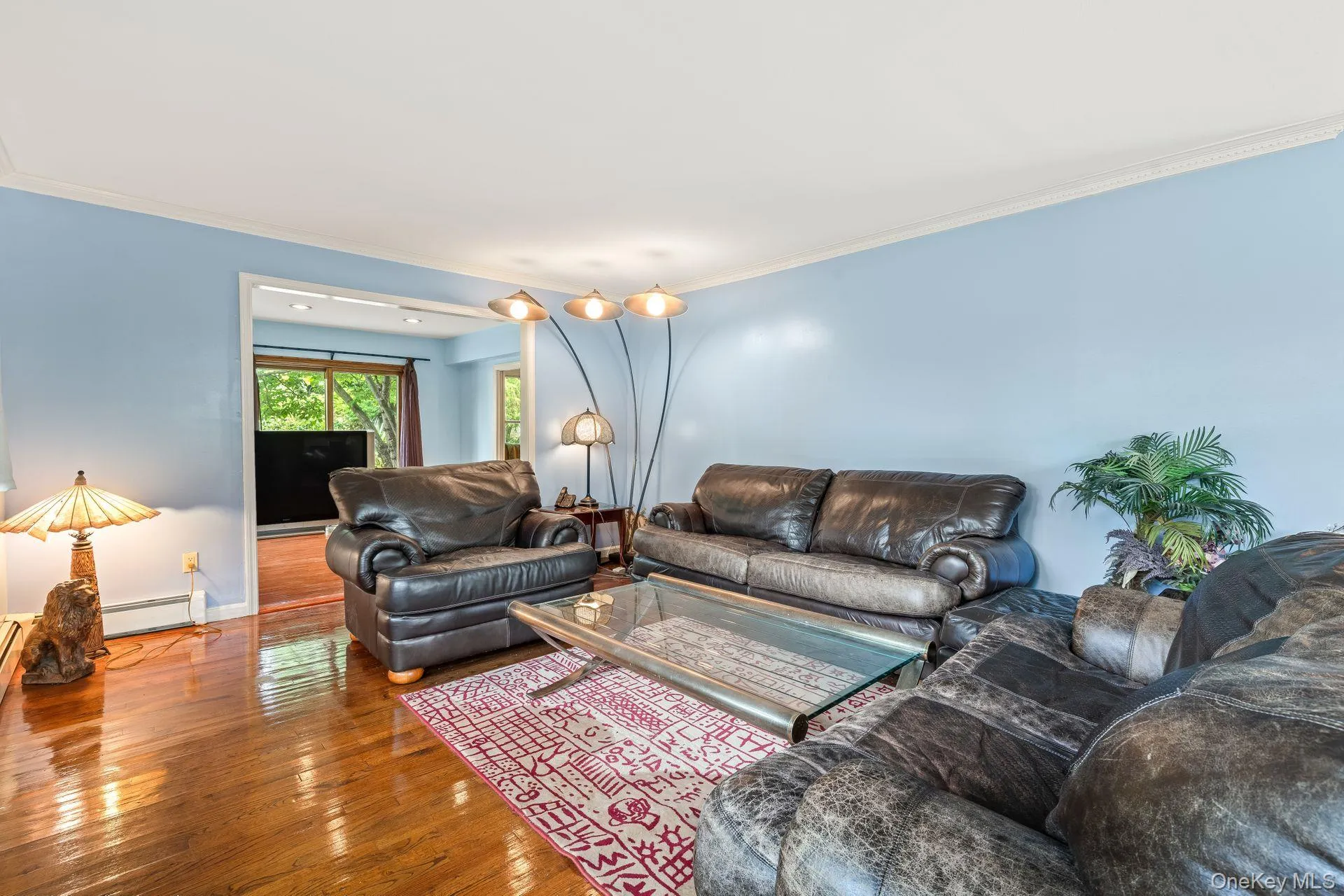 Living room with ornamental molding, hardwood / wood-style flooring, and baseboard heating Living room with ornamental molding, hardwood / wood-style flooring, and baseboard heating