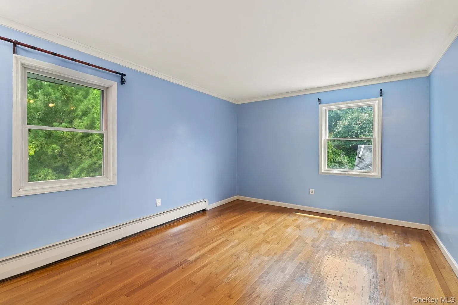 Unfurnished room featuring a baseboard heating unit, light wood finished floors, and ornamental molding Unfurnished room featuring a baseboard heating unit, light wood finished floors, and ornamental molding