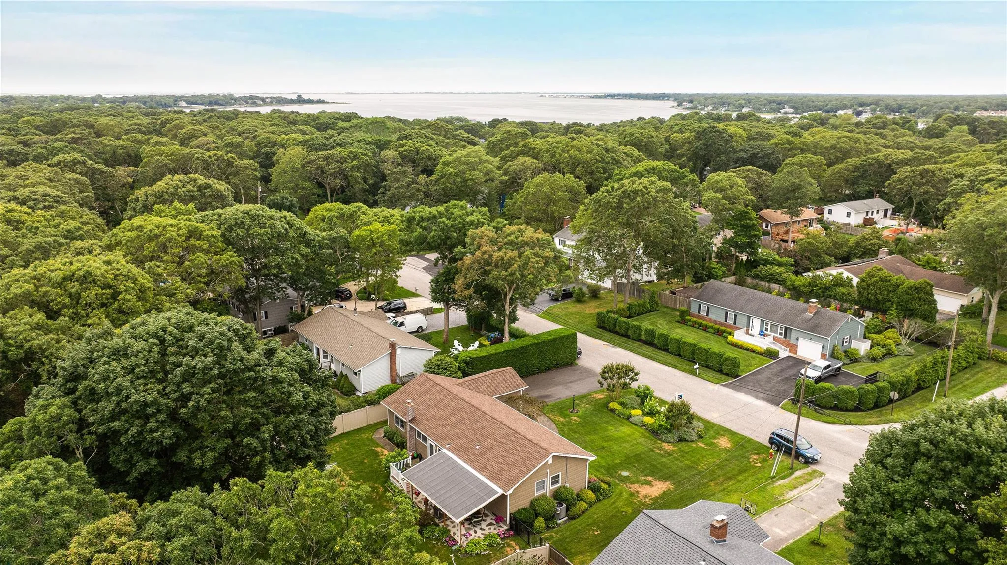Aerial view of residential area with a nearby body of water and a forest