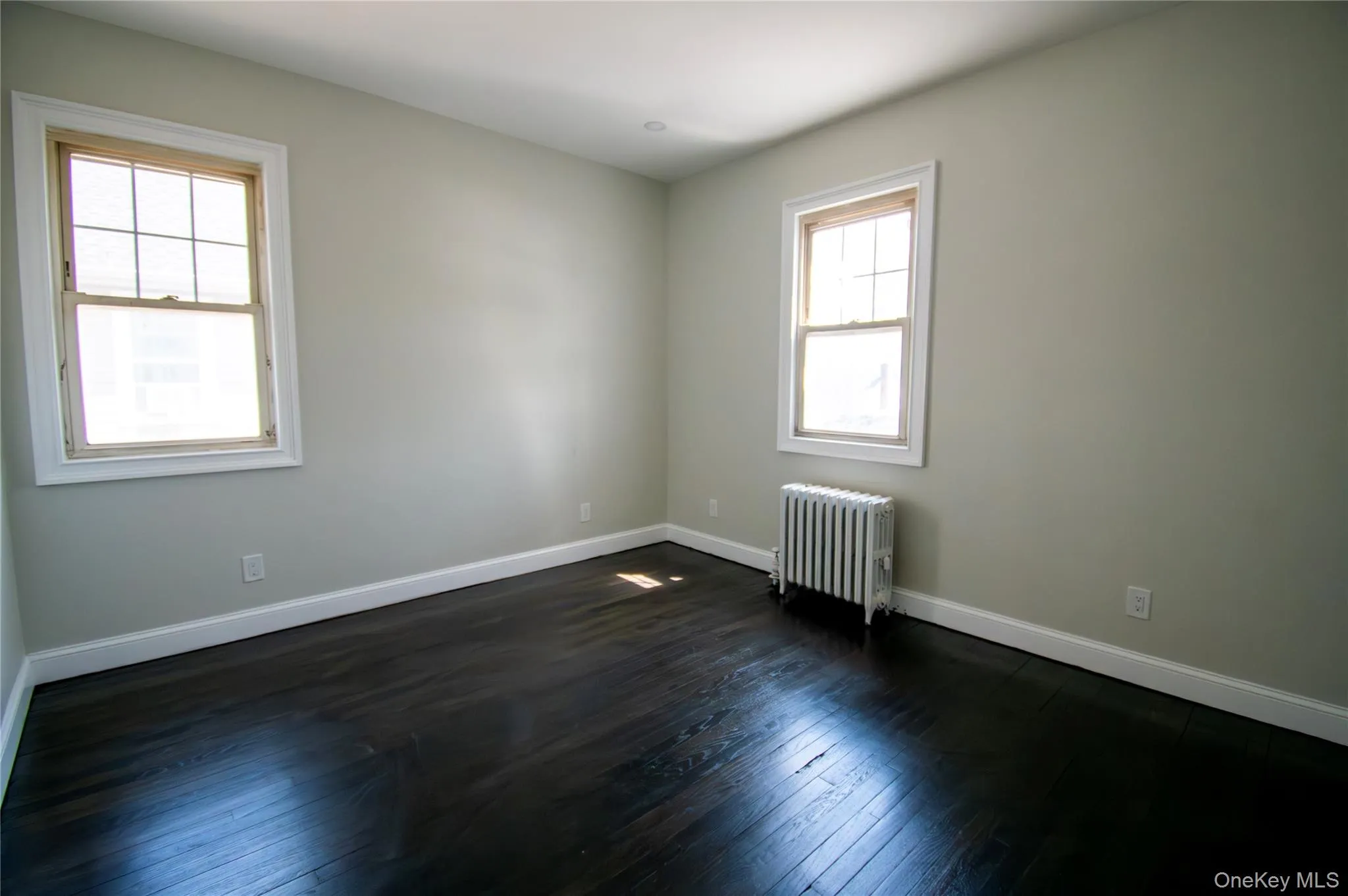 Spare room with radiator and dark wood-type flooring Spare room with radiator and dark wood-type flooring