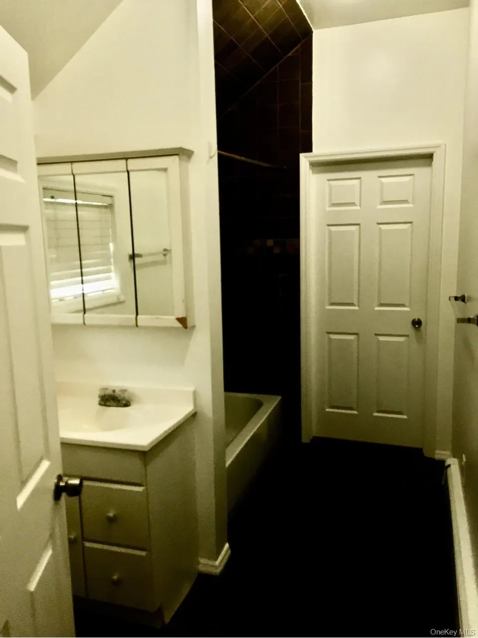 Full bath with vanity, lofted ceiling, and tub / shower combination Full bath with vanity, lofted ceiling, and tub / shower combination