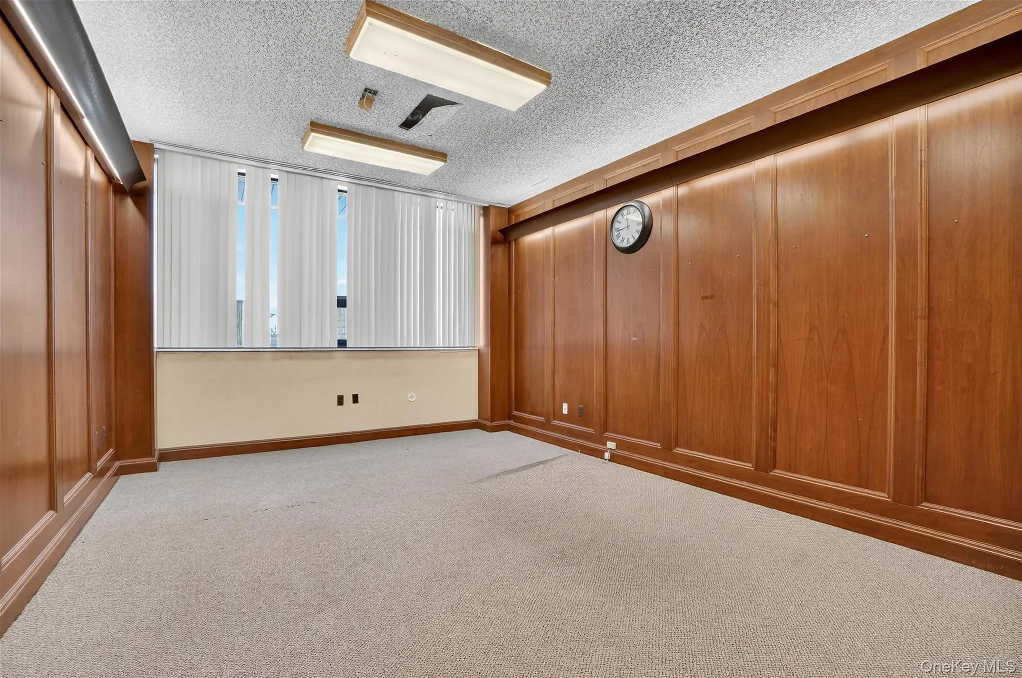Unfurnished room featuring a textured ceiling, carpet flooring, and wooden walls Unfurnished room featuring a textured ceiling, carpet flooring, and wooden walls