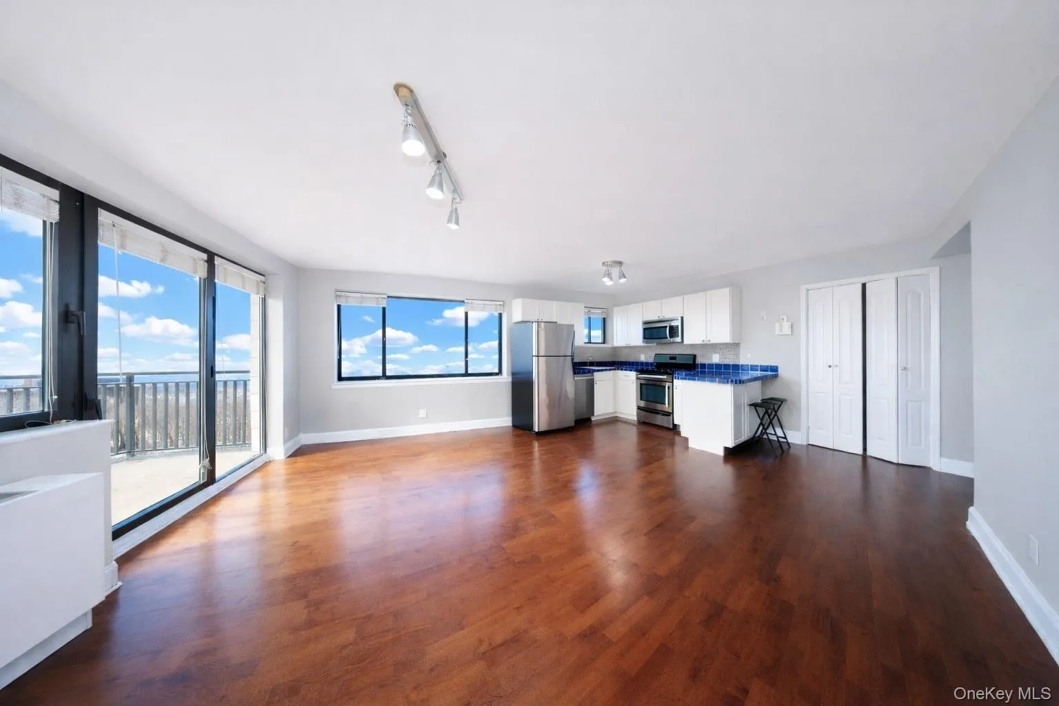 Unfurnished living room with track lighting and dark wood-style flooring Unfurnished living room with track lighting and dark wood-style flooring