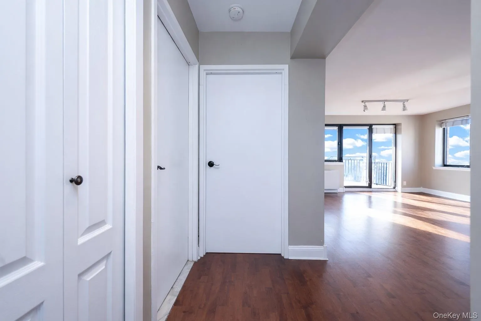 Hallway with dark wood finished floors and track lighting Hallway with dark wood finished floors and track lighting