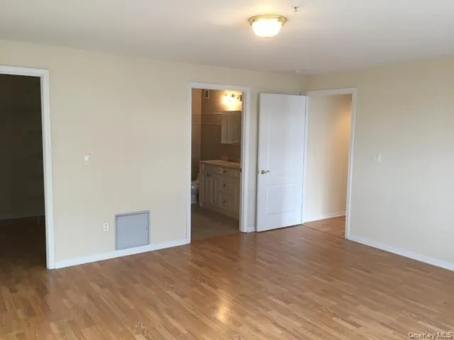 Unfurnished bedroom featuring light wood-style flooring, a spacious closet, and connected bathroom Unfurnished bedroom featuring light wood-style flooring, a spacious closet, and connected bathroom