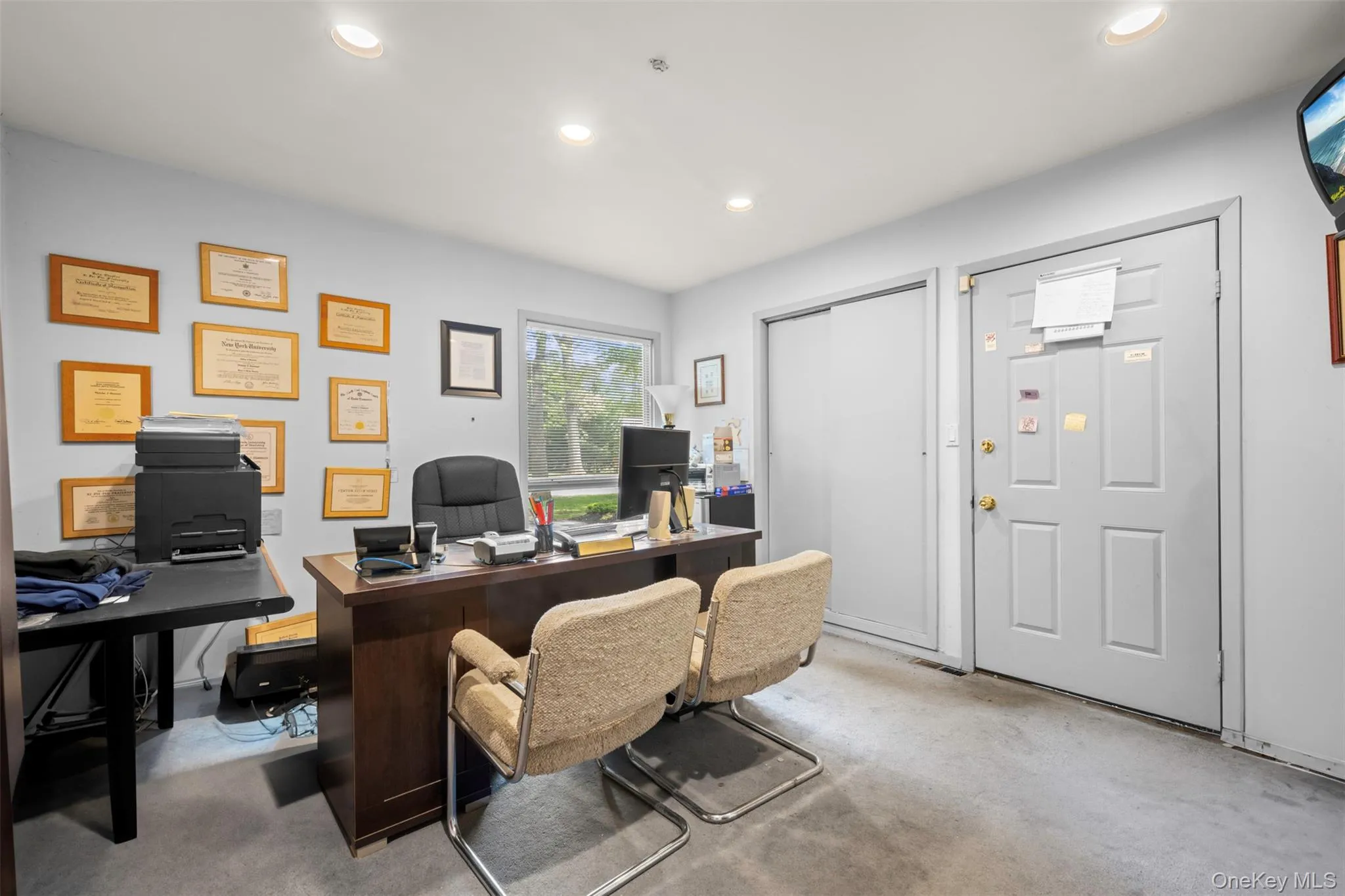 Office area featuring light colored carpet and recessed lighting Office area featuring light colored carpet and recessed lighting