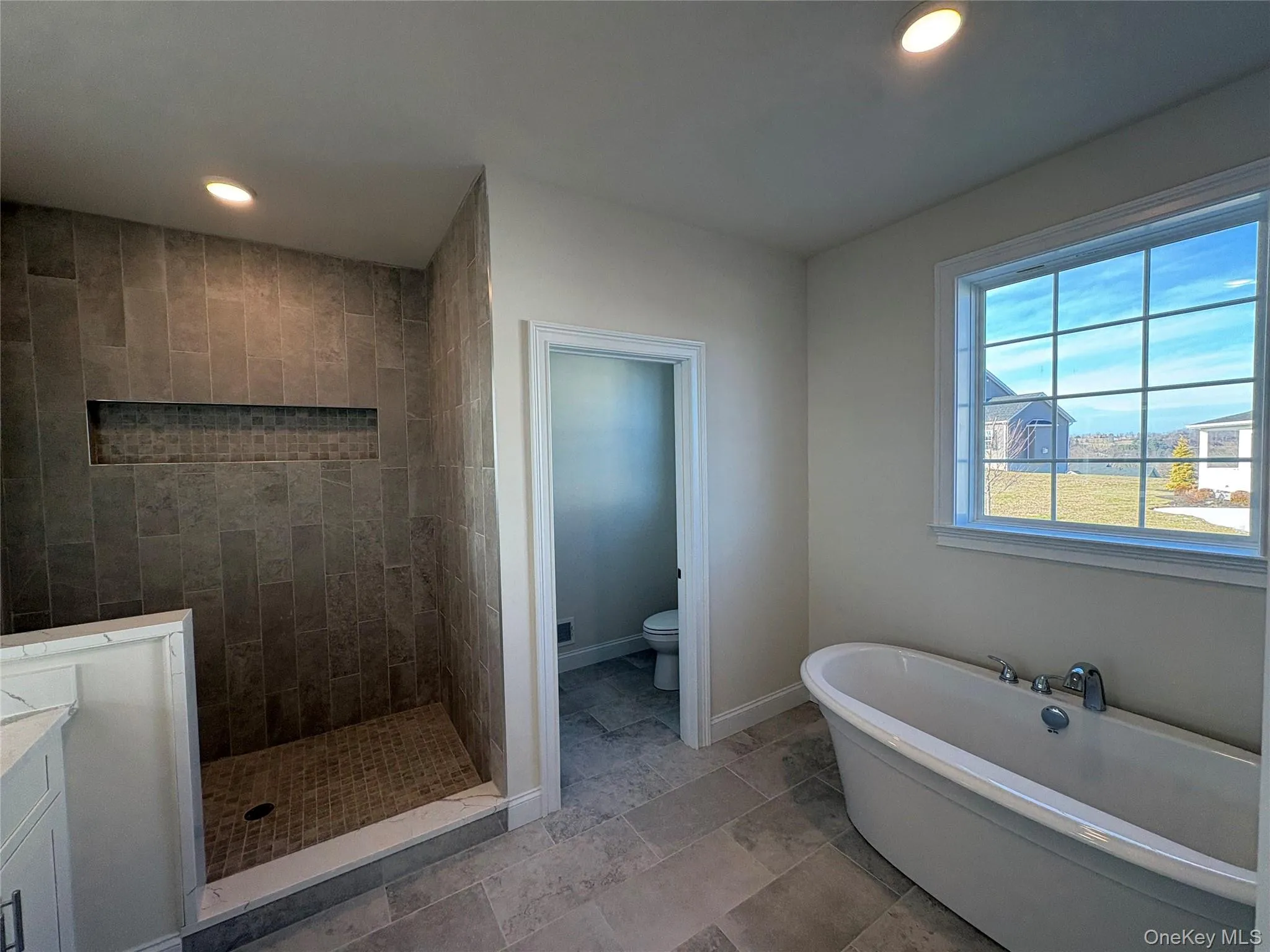Bathroom with a freestanding bath, recessed lighting, and walk in shower Bathroom with a freestanding bath, recessed lighting, and walk in shower