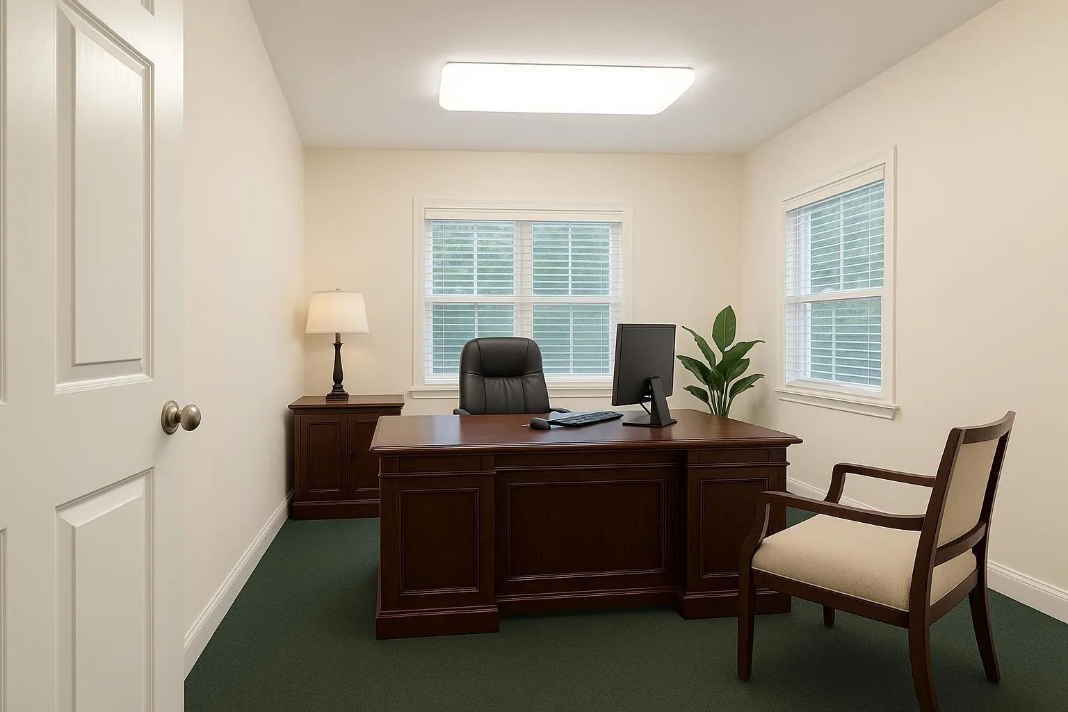 Room stagged Virtually : to give a feel! Office space with plenty of natural light and dark colored carpet Room stagged Virtually : to give a feel! Office space with plenty of natural light and dark colored carpet