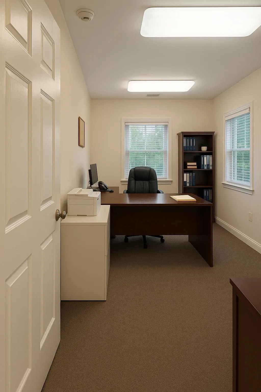 Room stagged Virtually : Office area featuring dark colored carpet and baseboards Room stagged Virtually : Office area featuring dark colored carpet and baseboards