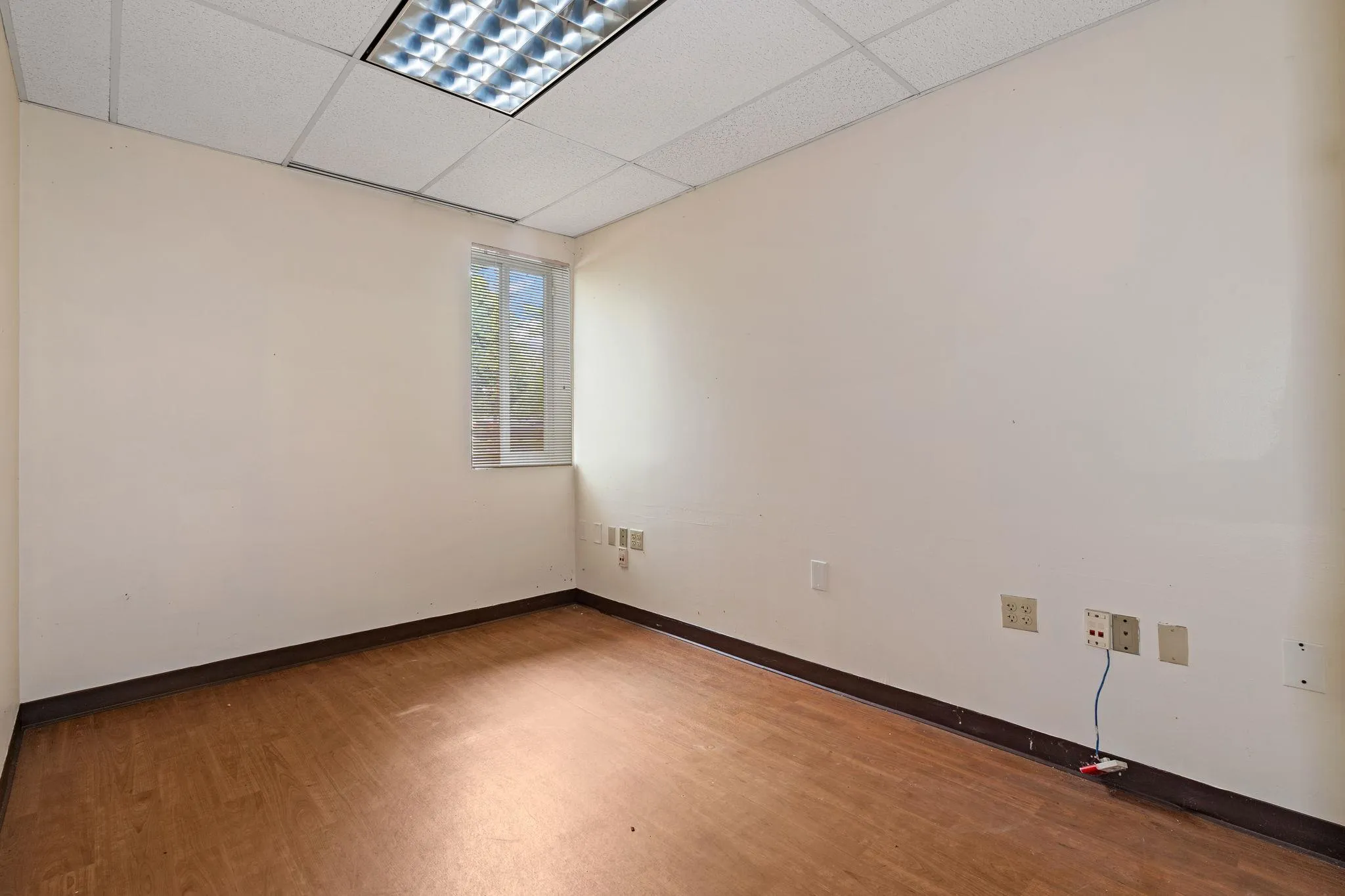 Empty room featuring wood finished floors and a drop ceiling Empty room featuring wood finished floors and a drop ceiling