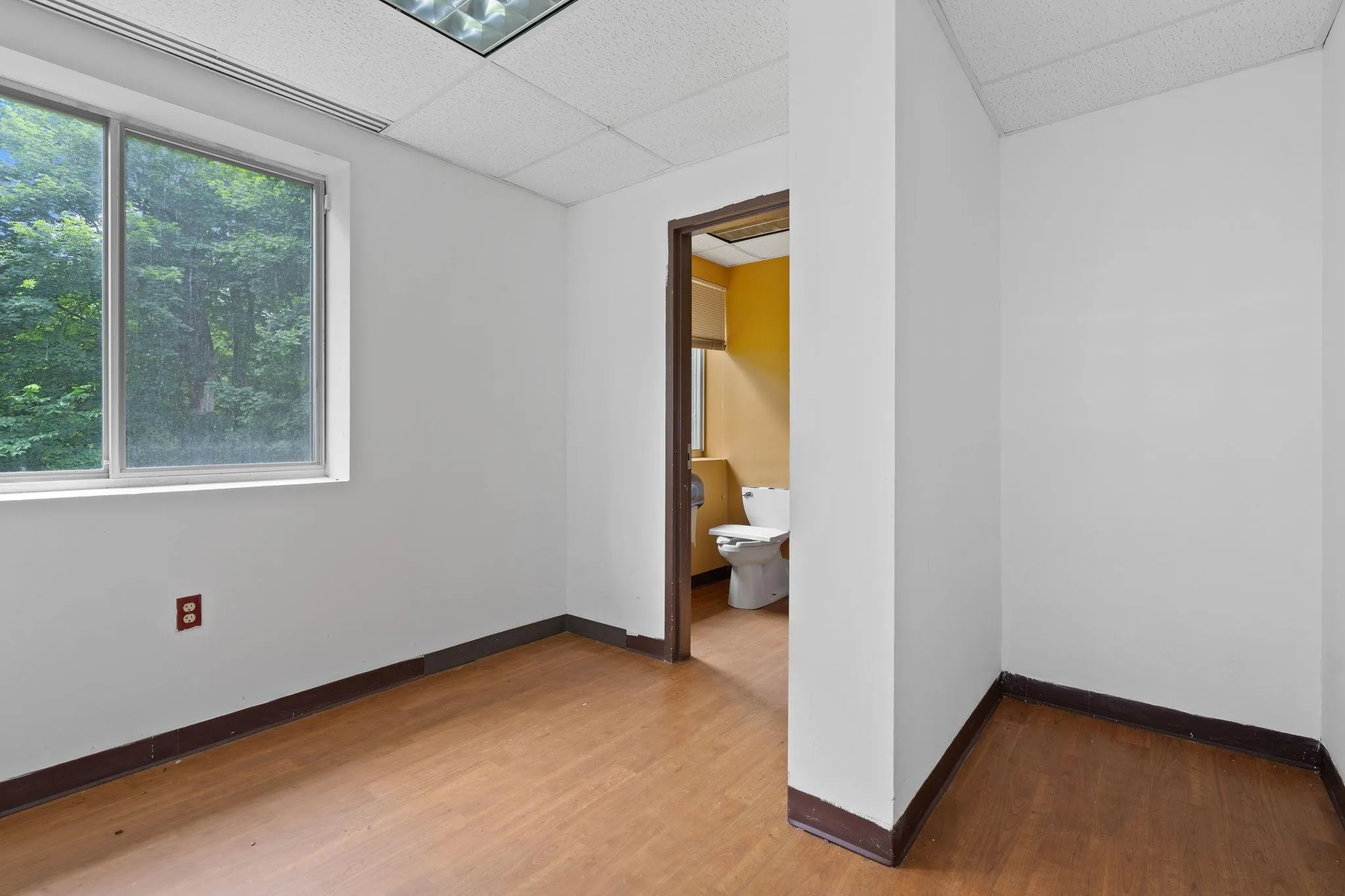 Unfurnished room with wood finished floors and a drop ceiling Unfurnished room with wood finished floors and a drop ceiling