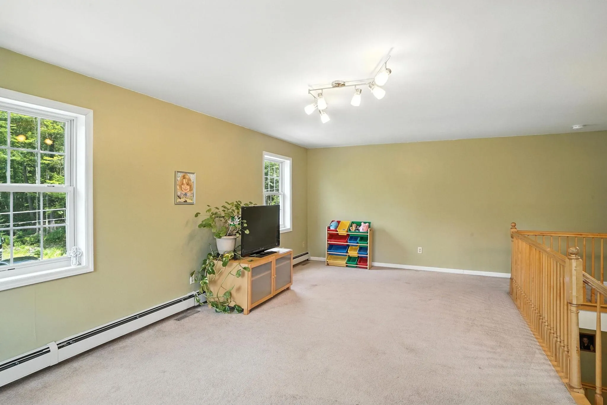 Recreation room with a baseboard heating unit and light carpet Recreation room with a baseboard heating unit and light carpet
