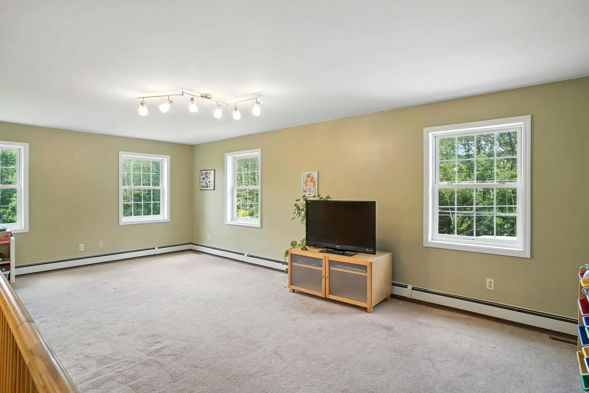 Large room on second level for entertaining or media room with carpet floors and a baseboard radiator Large room on second level for entertaining or media room with carpet floors and a baseboard radiator