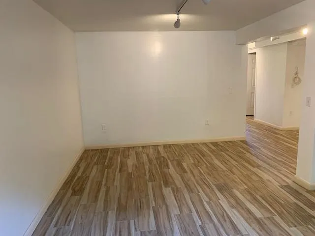 Empty room featuring wood finished floors and rail lighting Empty room featuring wood finished floors and rail lighting