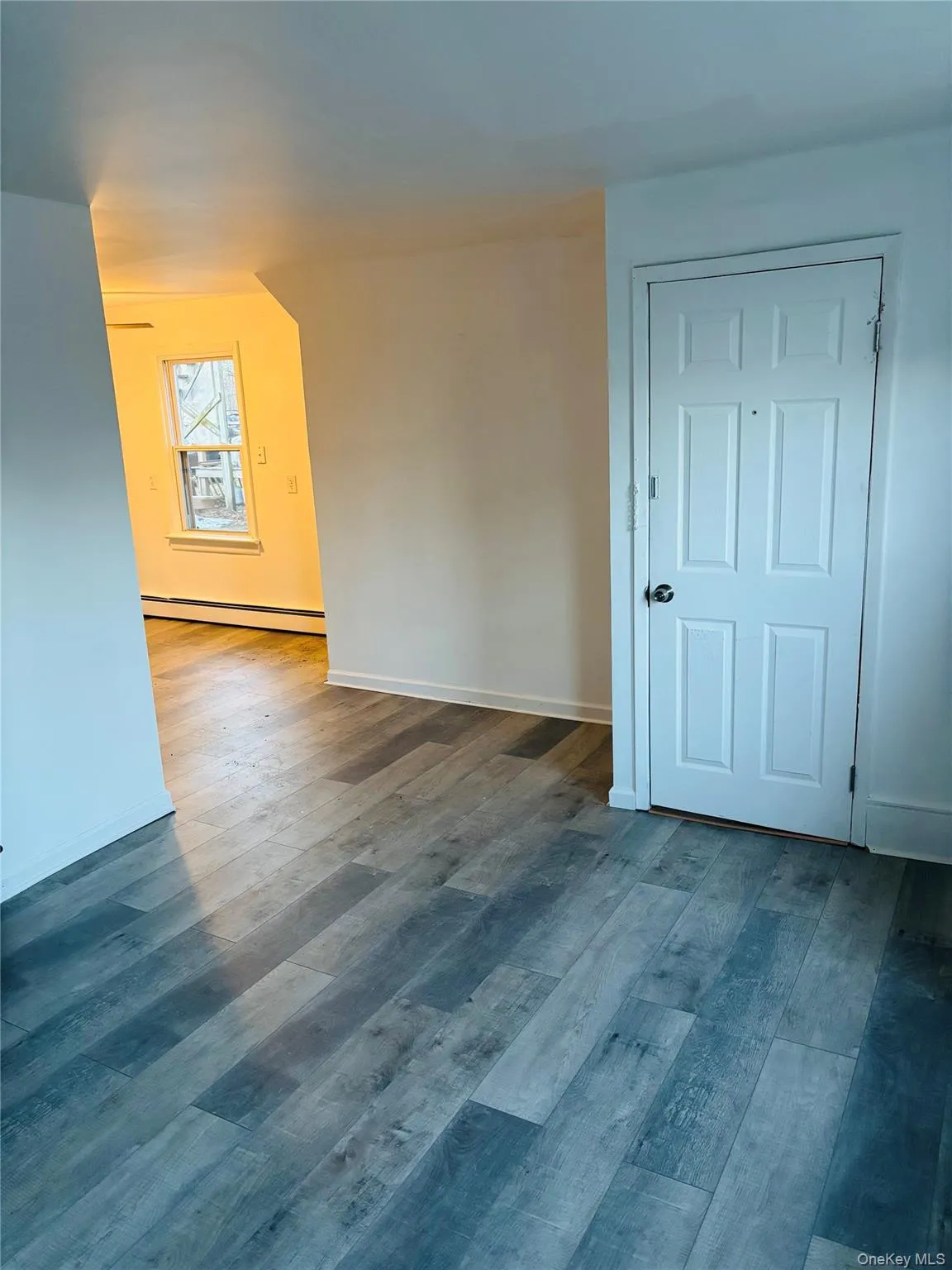Empty room featuring dark wood-style flooring and a baseboard radiator Empty room featuring dark wood-style flooring and a baseboard radiator