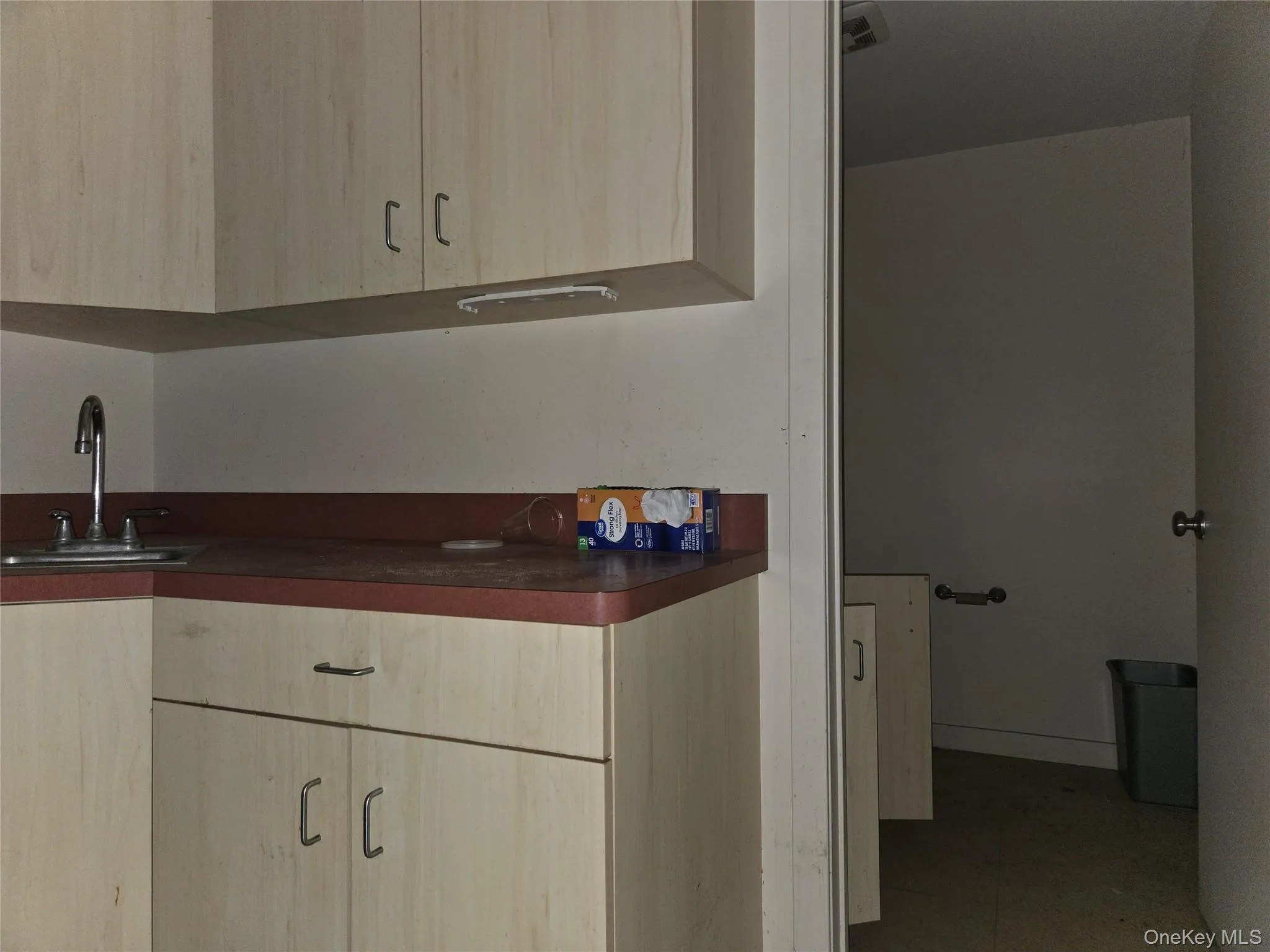Kitchen featuring dark countertops, light brown cabinetry, and modern cabinets Kitchen featuring dark countertops, light brown cabinetry, and modern cabinets
