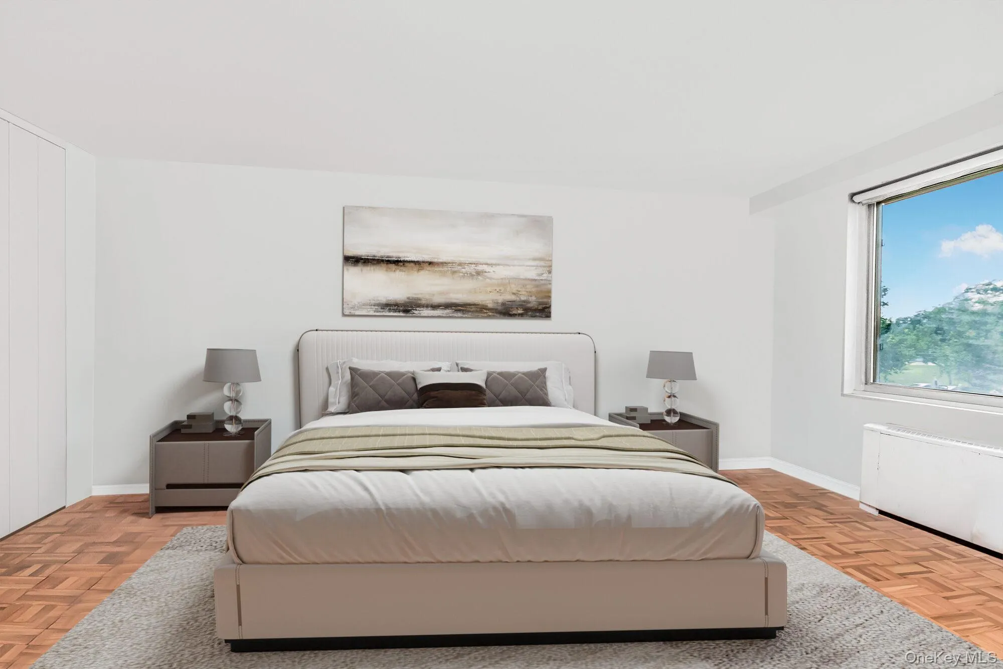 Bedroom with radiator heating unit and baseboards Bedroom with radiator heating unit and baseboards