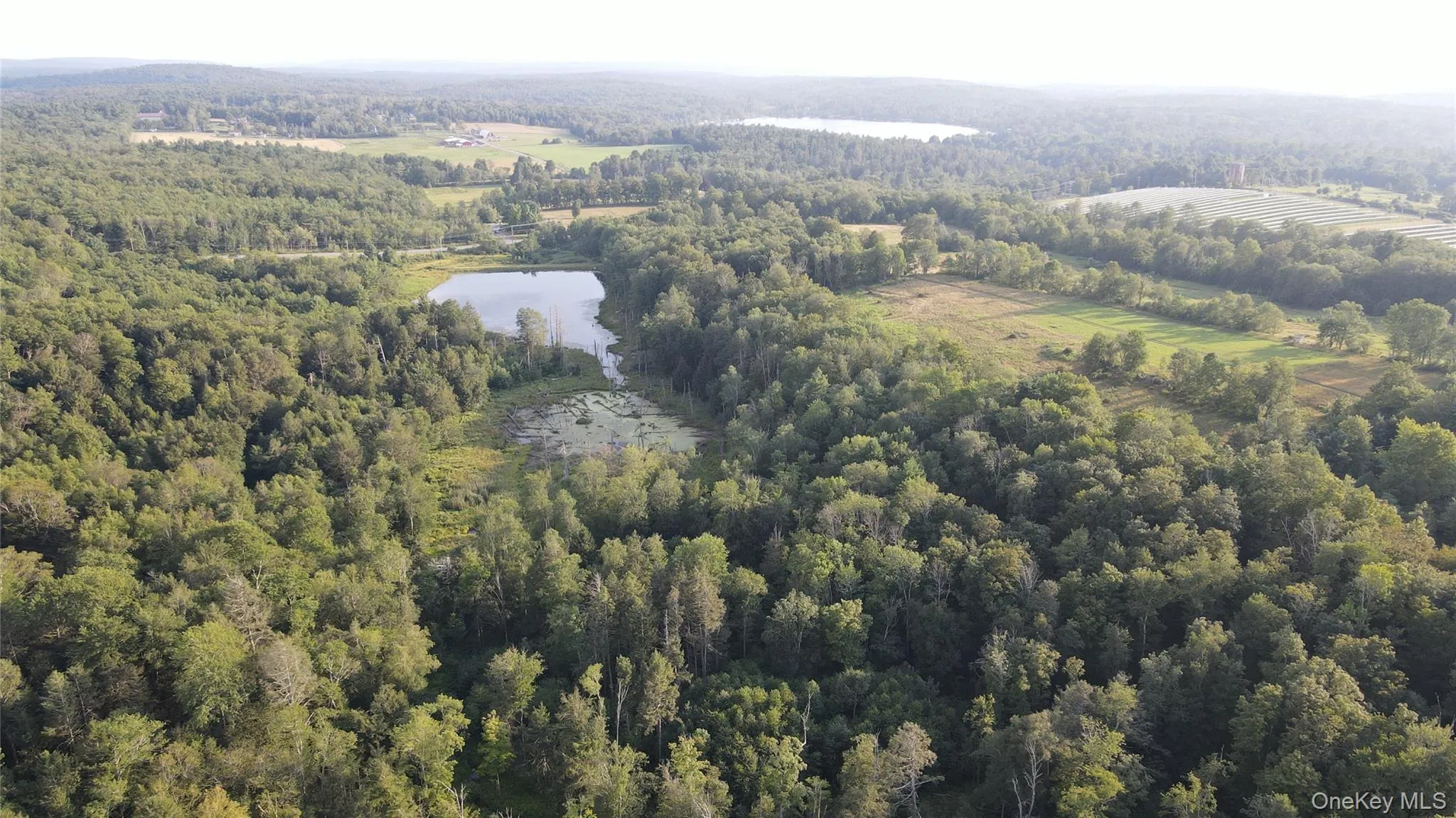 Aerial view of property and surrounding area with a nearby body of water and a heavily wooded area Aerial view of property and surrounding area with a nearby body of water and a heavily wooded area