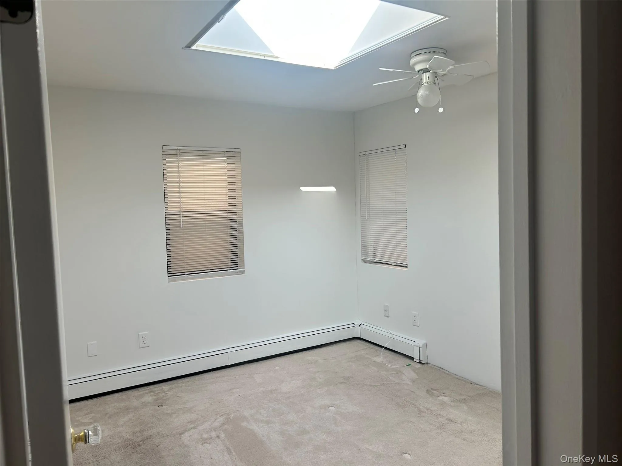 Spare room featuring a skylight, baseboard heating, and a ceiling fan Spare room featuring a skylight, baseboard heating, and a ceiling fan