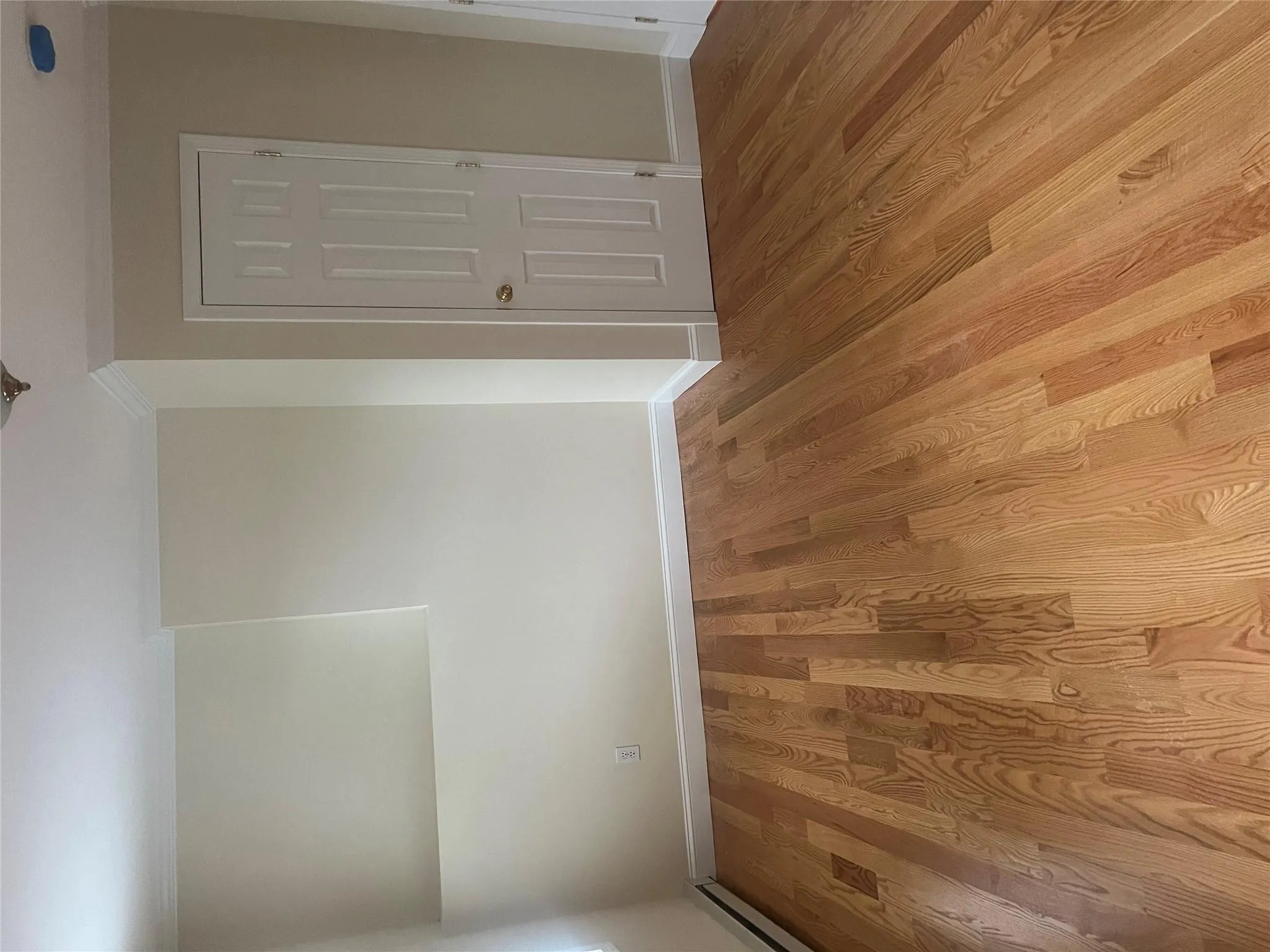 Empty room with crown molding, light wood-type flooring, and baseboard heating Empty room with crown molding, light wood-type flooring, and baseboard heating