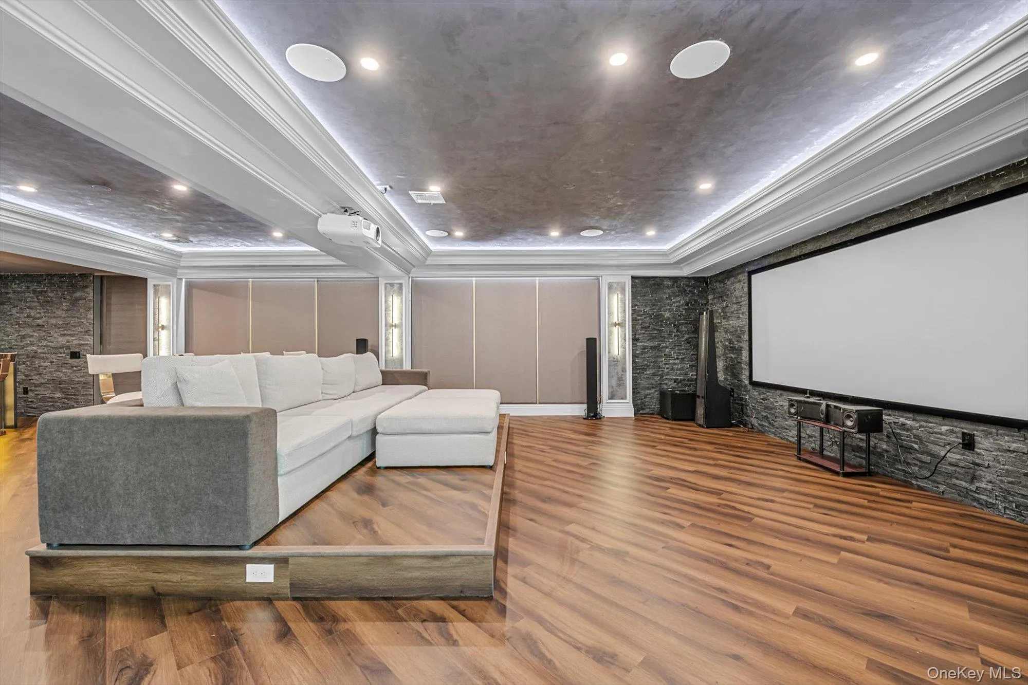 Home theater featuring a tray ceiling, wood finished floors, and ornamental molding Home theater featuring a tray ceiling, wood finished floors, and ornamental molding
