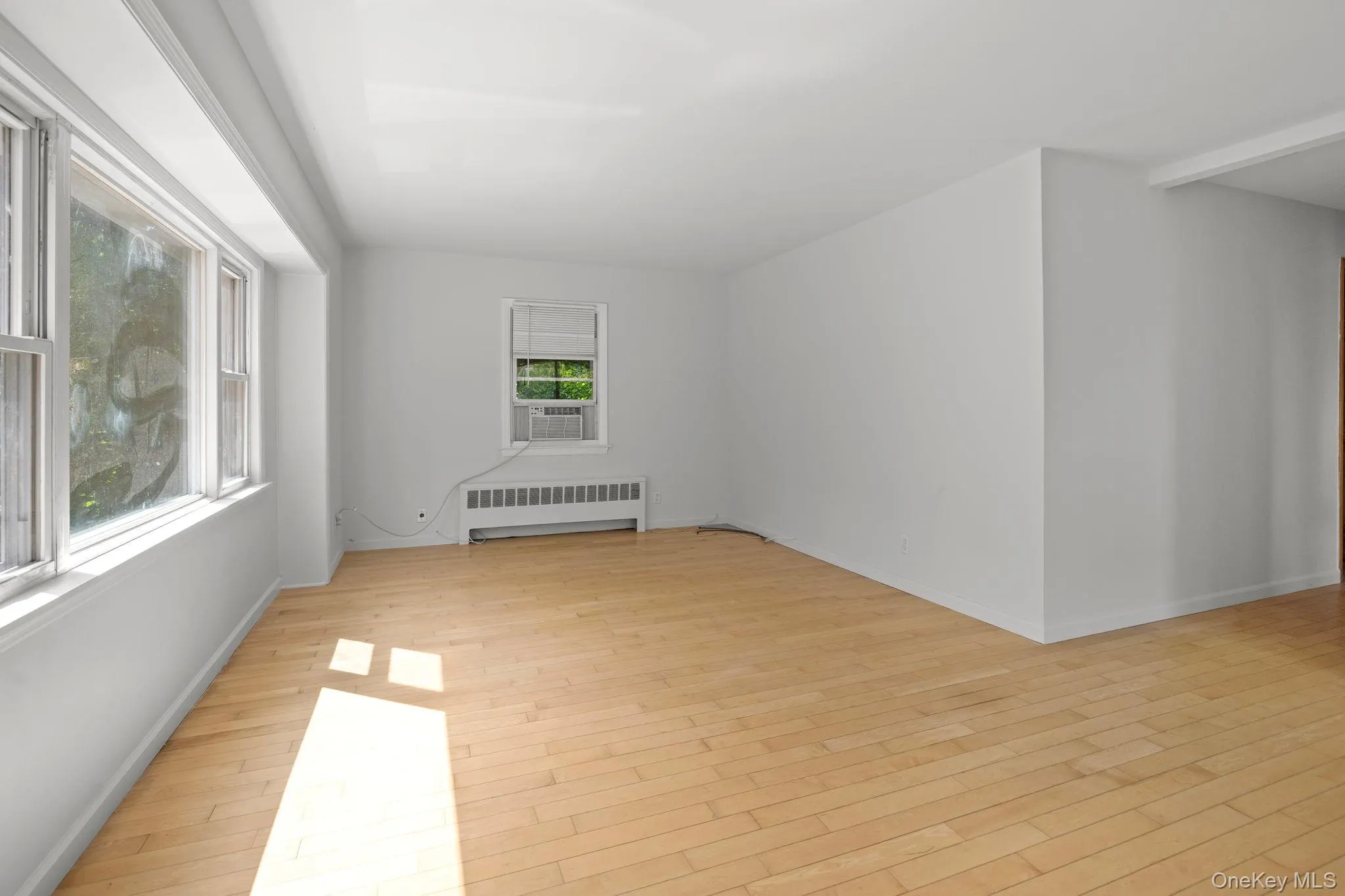Empty room with light wood-style floors and radiator heating unit Empty room with light wood-style floors and radiator heating unit