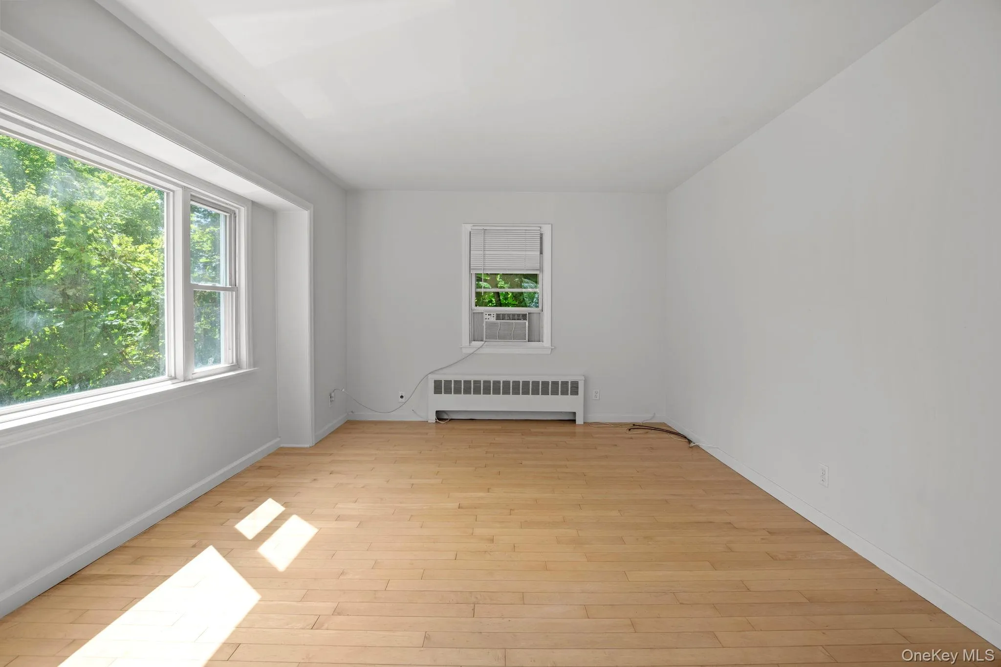 Unfurnished room with light wood-style flooring and radiator heating unit Unfurnished room with light wood-style flooring and radiator heating unit