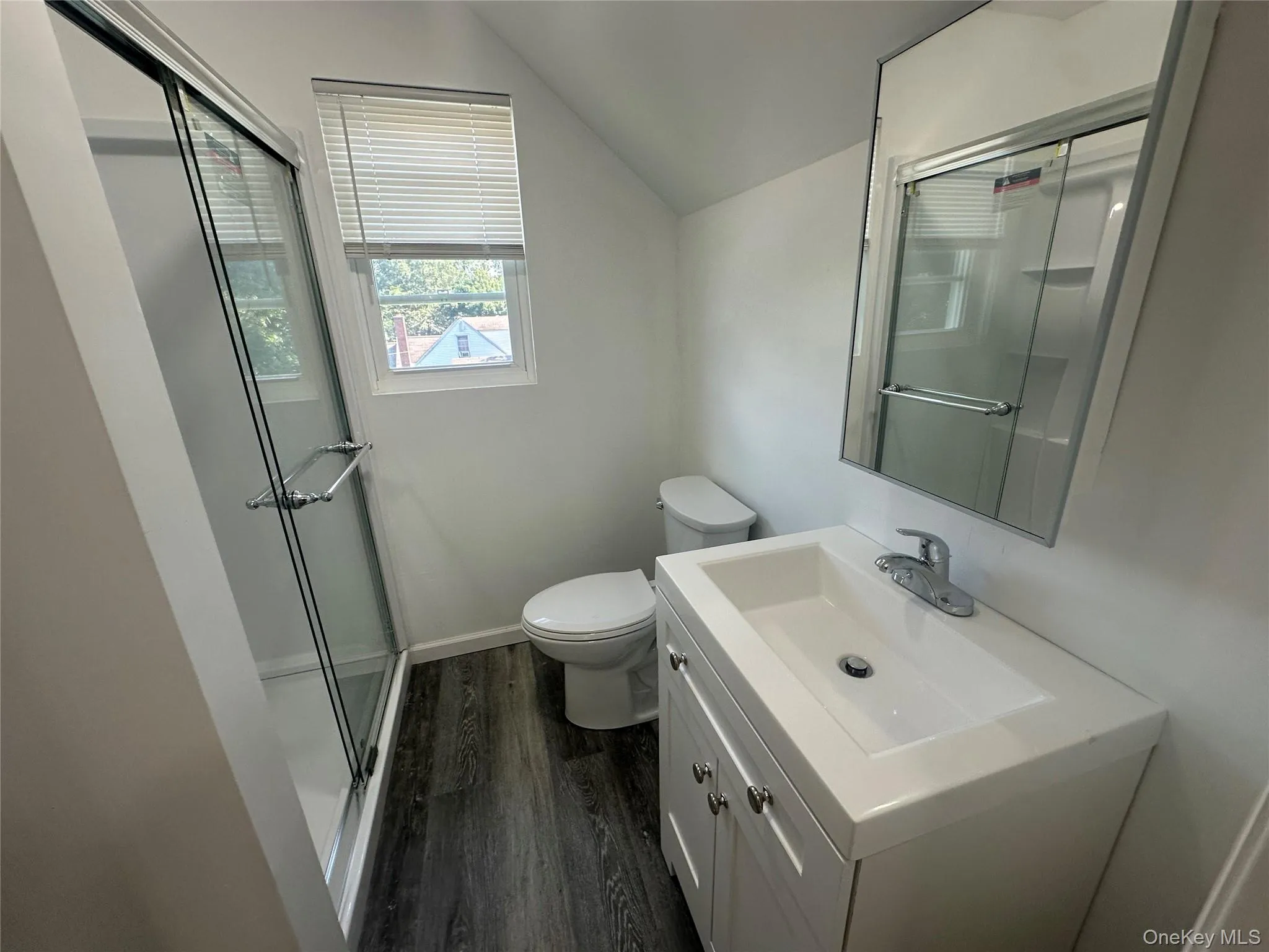 Full bathroom featuring lofted ceiling, a shower with door, wood finished floors, and vanity Full bathroom featuring lofted ceiling, a shower with door, wood finished floors, and vanity