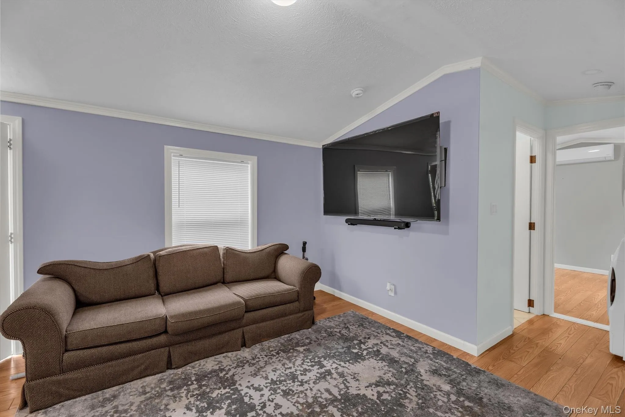 Living area featuring ornamental molding, wood finished floors, vaulted ceiling, a wall mounted air conditioner, and washer / dryer Living area featuring ornamental molding, wood finished floors, vaulted ceiling, a wall mounted air conditioner, and washer / dryer