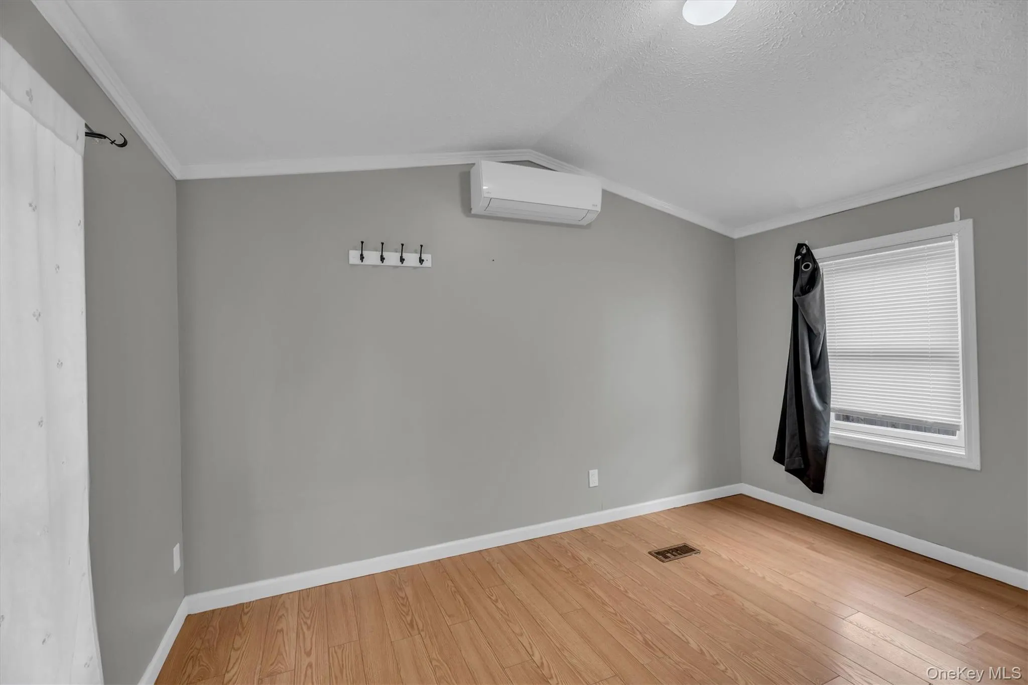 Spare room featuring crown molding, light wood-style floors, a wall mounted AC, and lofted ceiling Spare room featuring crown molding, light wood-style floors, a wall mounted AC, and lofted ceiling