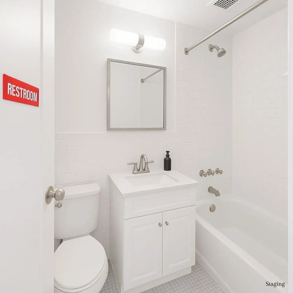 Full bathroom featuring tile walls, vanity, shower / washtub combination, and tile patterned flooring Full bathroom featuring tile walls, vanity, shower / washtub combination, and tile patterned flooring