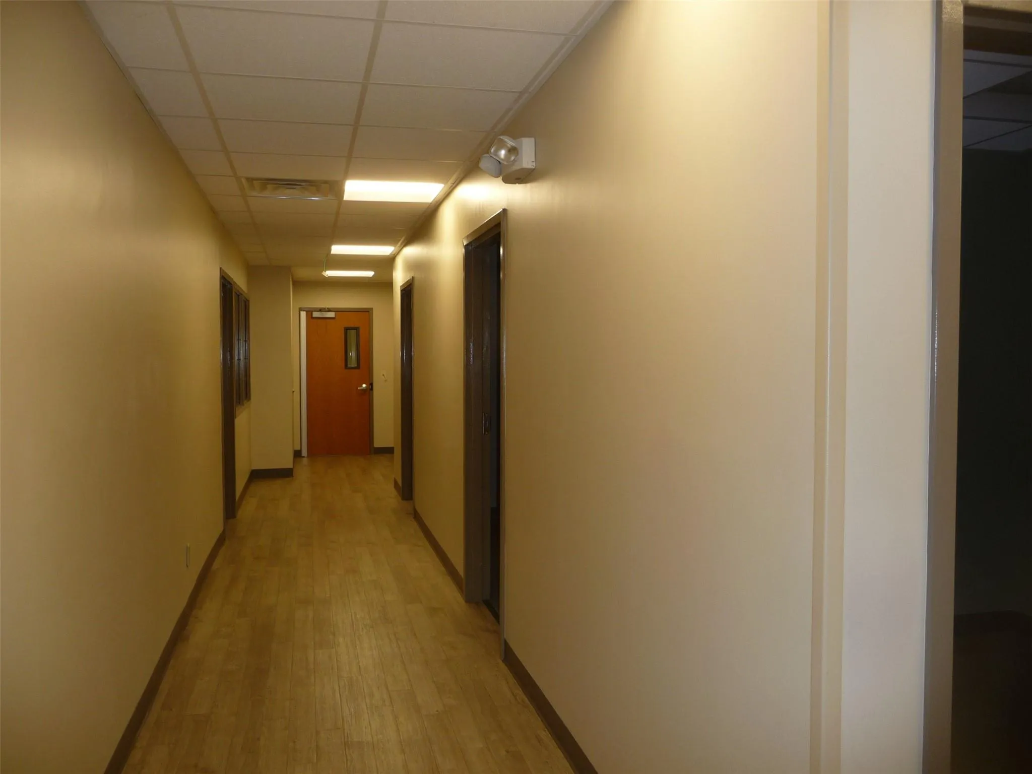 Hall with a drop ceiling and light wood-style floors Hall with a drop ceiling and light wood-style floors