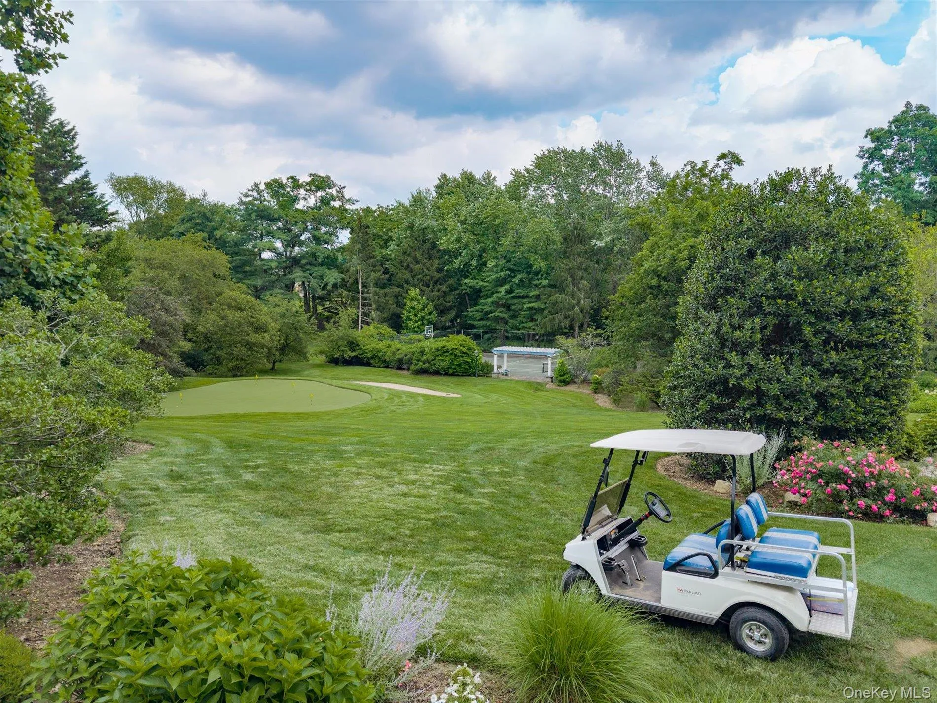 View of green lawn with a putting area and golf course view View of green lawn with a putting area and golf course view