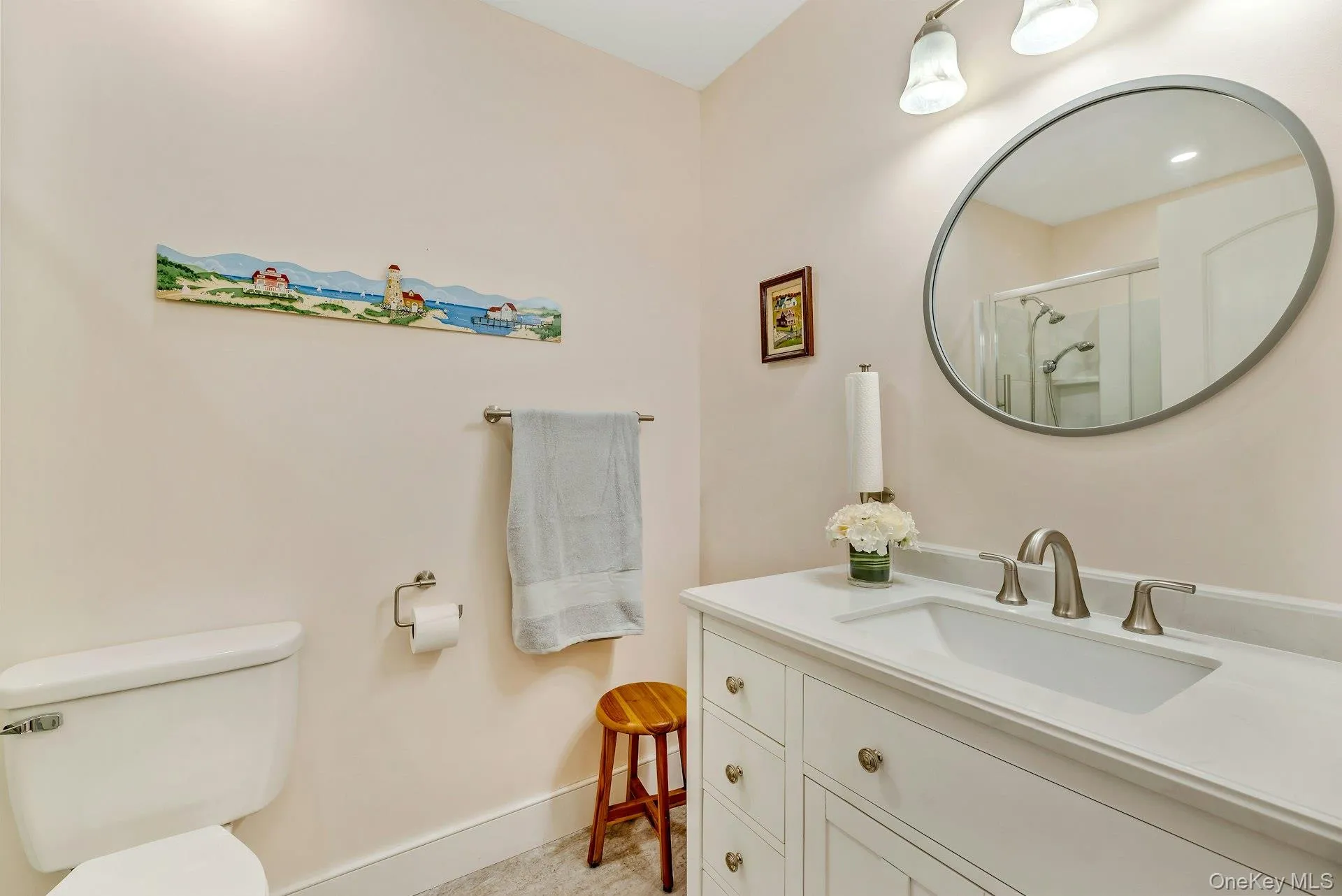 Full bathroom with vanity and a shower with door Full bathroom with vanity and a shower with door