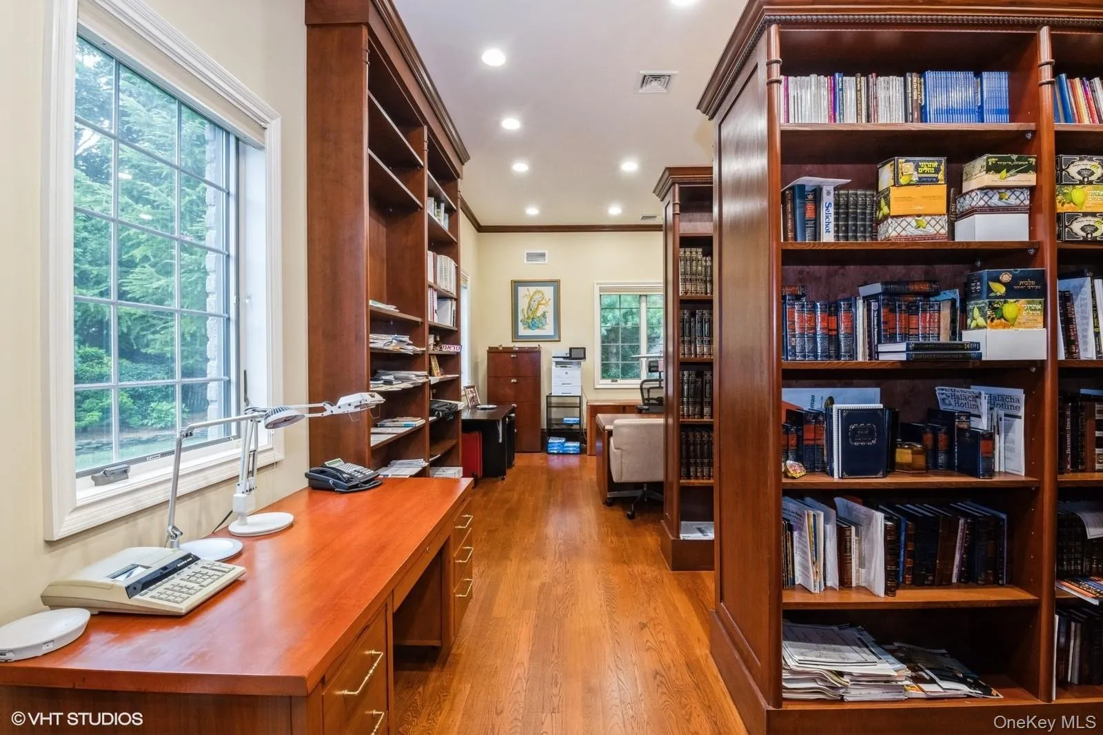 Office featuring light wood finished floors, recessed lighting, and ornamental molding Office featuring light wood finished floors, recessed lighting, and ornamental molding