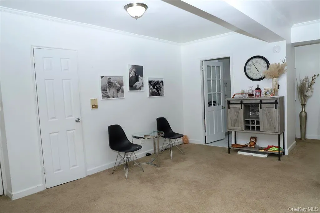 Living area featuring crown molding and carpet floors Living area featuring crown molding and carpet floors