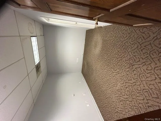 Empty room with a paneled ceiling and dark colored carpet Empty room with a paneled ceiling and dark colored carpet