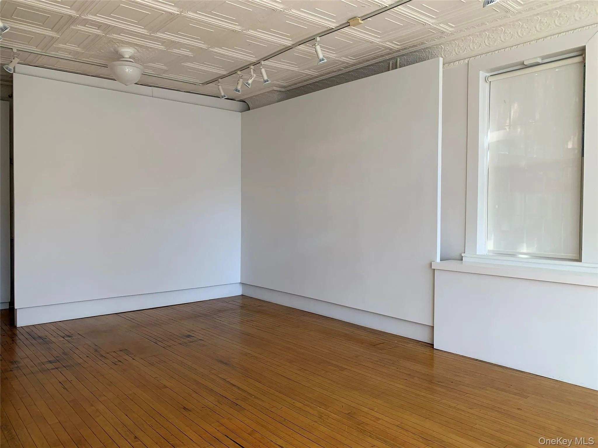 Empty room featuring hardwood / wood-style flooring, an ornate ceiling, and rail lighting Empty room featuring hardwood / wood-style flooring, an ornate ceiling, and rail lighting