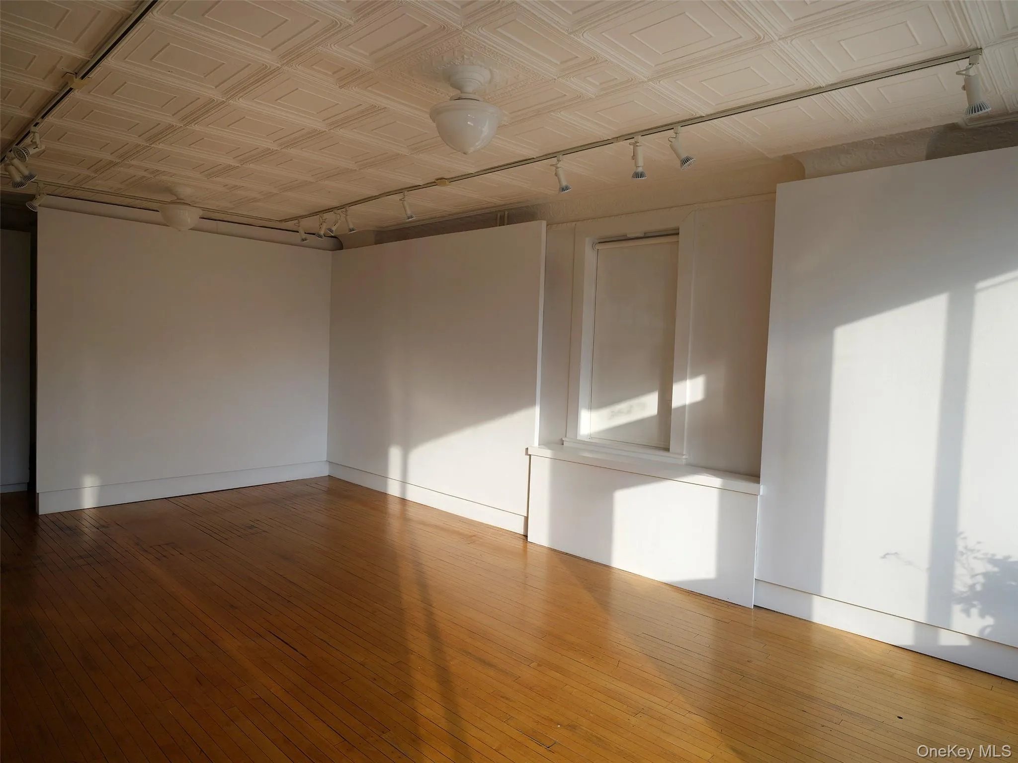 Unfurnished room with rail lighting, hardwood / wood-style flooring, and an ornate ceiling Unfurnished room with rail lighting, hardwood / wood-style flooring, and an ornate ceiling